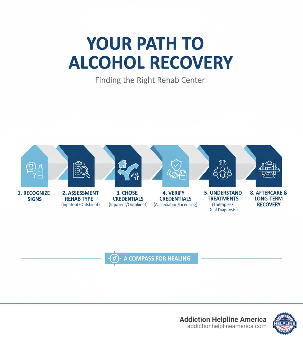 Infographic showing the path from recognizing alcohol addiction signs through assessment, choosing the right rehab type, verifying quality credentials, understanding treatment approaches, completing intake, engaging in treatment, and transitioning to aftercare for long-term recovery - how to find a good alcohol rehab center infographic Infographic showing the path from recognizing alcohol addiction signs through assessment, choosing the right rehab type, verifying quality credentials, understanding treatment approaches, completing intake, engaging in treatment, and transitioning to aftercare for long-term recovery - how to find a good alcohol rehab center infographic