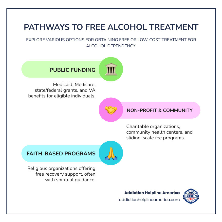 infographic showing pathways to free alcohol addiction treatment including state-funded programs, Medicaid/Medicare coverage, non-profit organizations, faith-based programs, community health centers, and VA benefits with eligibility requirements and contact resources - is there free alcohol addiction treatment centers infographic infographic-line-3-steps-colors