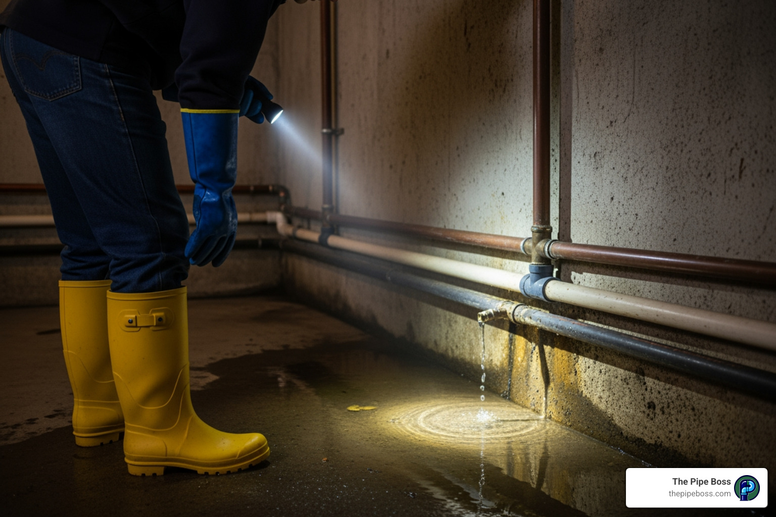 person in rubber boots and gloves in a basement - sewer line back up