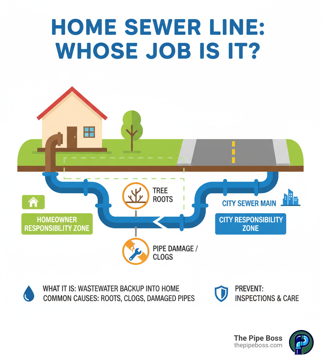 infographic showing how a home's sewer service line connects from the house through the property line to the city's sewer main in the street, with labels for homeowner responsibility zone and city responsibility zone, plus common problem areas like tree roots and pipe damage - sewer line back up infographic 