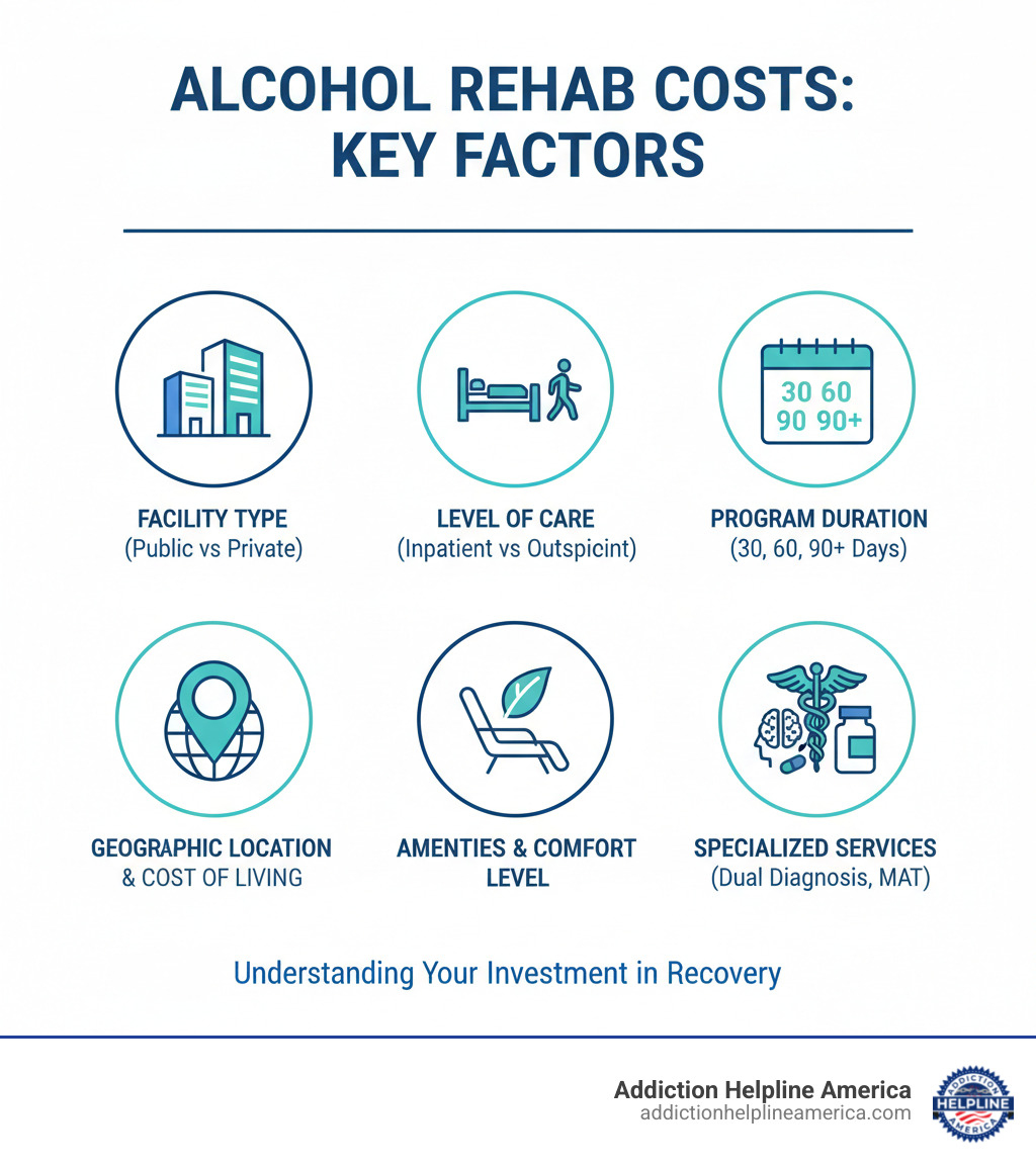 Infographic showing the main factors that influence alcohol rehab costs: facility type (public vs private), level of care (inpatient vs outpatient), program duration (30, 60, 90+ days), geographic location and cost of living, amenities and comfort level, and specialized services like dual diagnosis or MAT - how much do alcohol treatment centers cost infographic Infographic showing the main factors that influence alcohol rehab costs: facility type (public vs private), level of care (inpatient vs outpatient), program duration (30, 60, 90+ days), geographic location and cost of living, amenities and comfort level, and specialized services like dual diagnosis or MAT - how much do alcohol treatment centers cost infographic