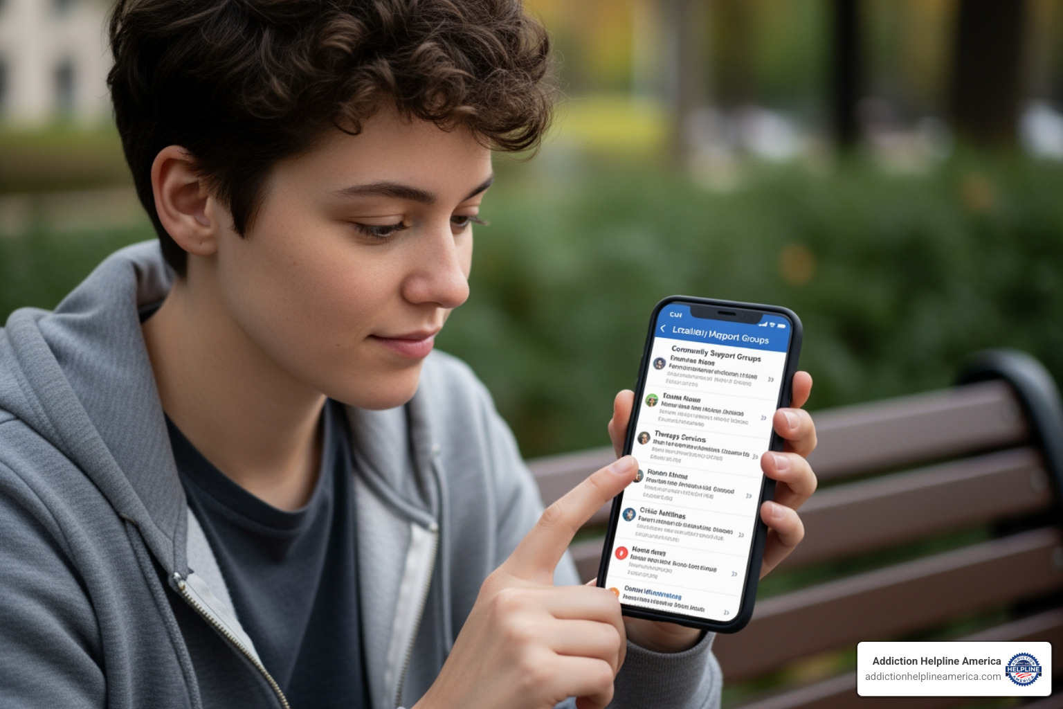 person looking at a list of local resources on their phone, provided by a helpline - mental health helpline text