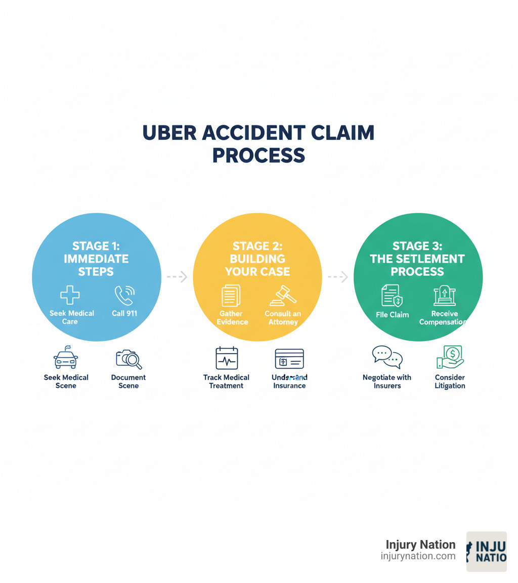 Infographic showing the 3 key stages of an Uber accident claim process: Stage 1 - Immediate Steps (seek medical care, call 911, document the scene, report to Uber), Stage 2 - Building Your Case (gather evidence, track medical treatment, consult an attorney, understand insurance coverage), Stage 3 - The Settlement Process (file the claim, negotiate with insurers, consider litigation if needed, receive compensation) - Uber crash settlement infographic 