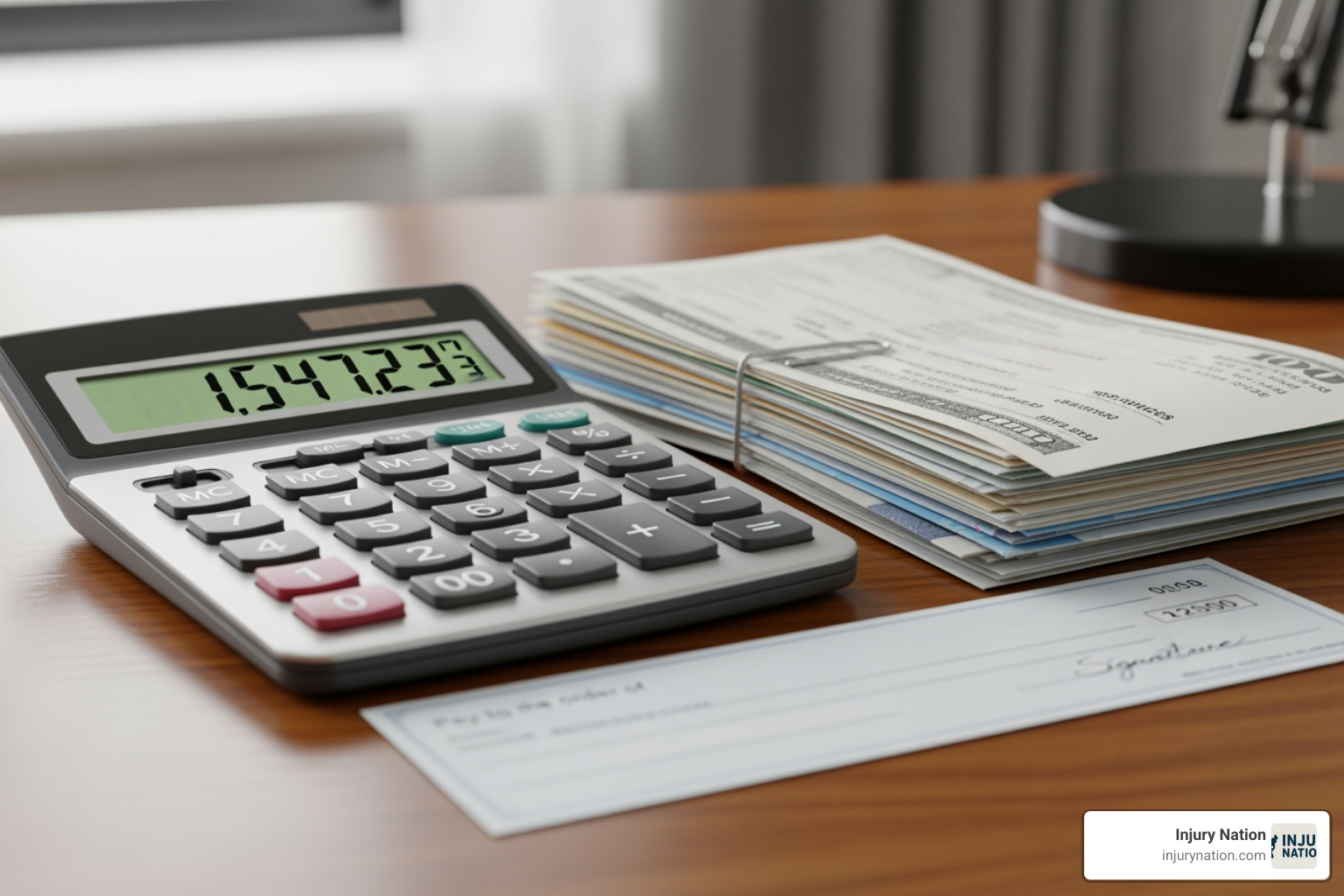 A calculator with medical bills and a check, symbolizing the calculation of a settlement. - Uber crash settlement