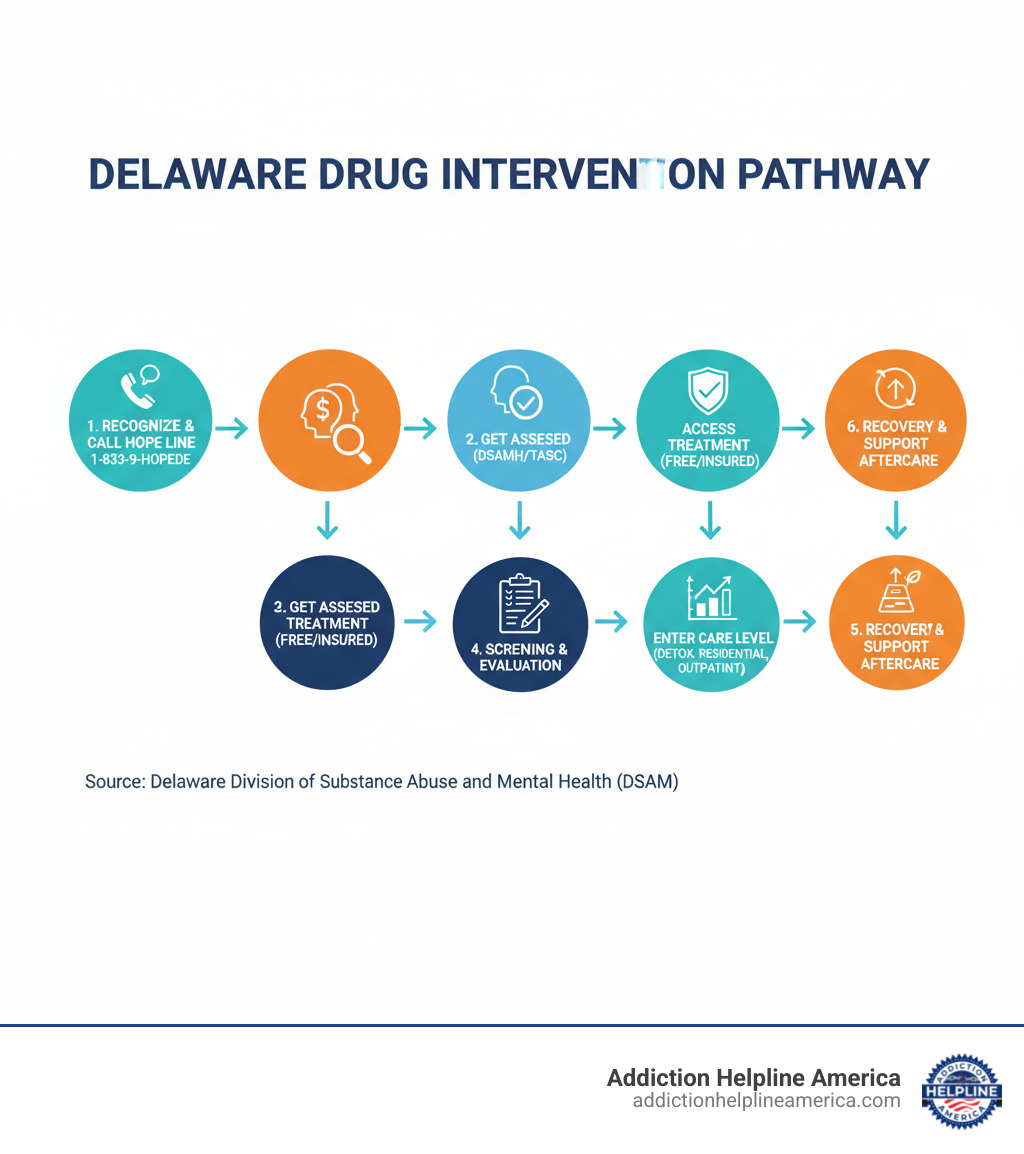 infographic showing Delaware drug intervention pathway: 1) Recognize the problem and call Delaware Hope Line, 2) Get assessed through DSAMH or TASC, 3) Access free or insured treatment options, 4) Begin screening and evaluation, 5) Enter appropriate level of care (detox, residential, outpatient), 6) Continue with recovery support and aftercare - drug intervention Delaware infographic 