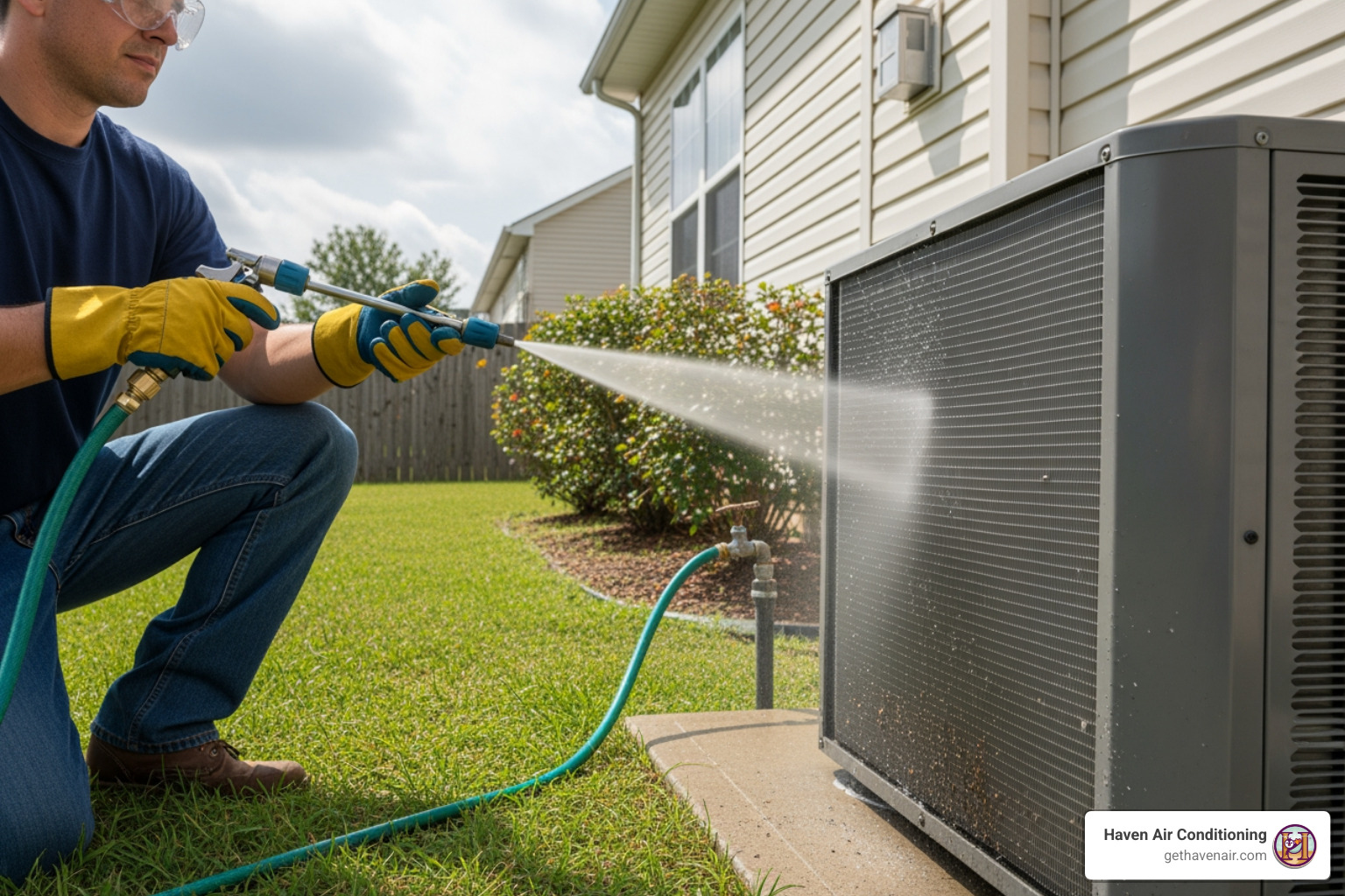 person safely spraying an outdoor condenser coil with a hose - AC coil cleaning person safely spraying an outdoor condenser coil with a hose - AC coil cleaning
