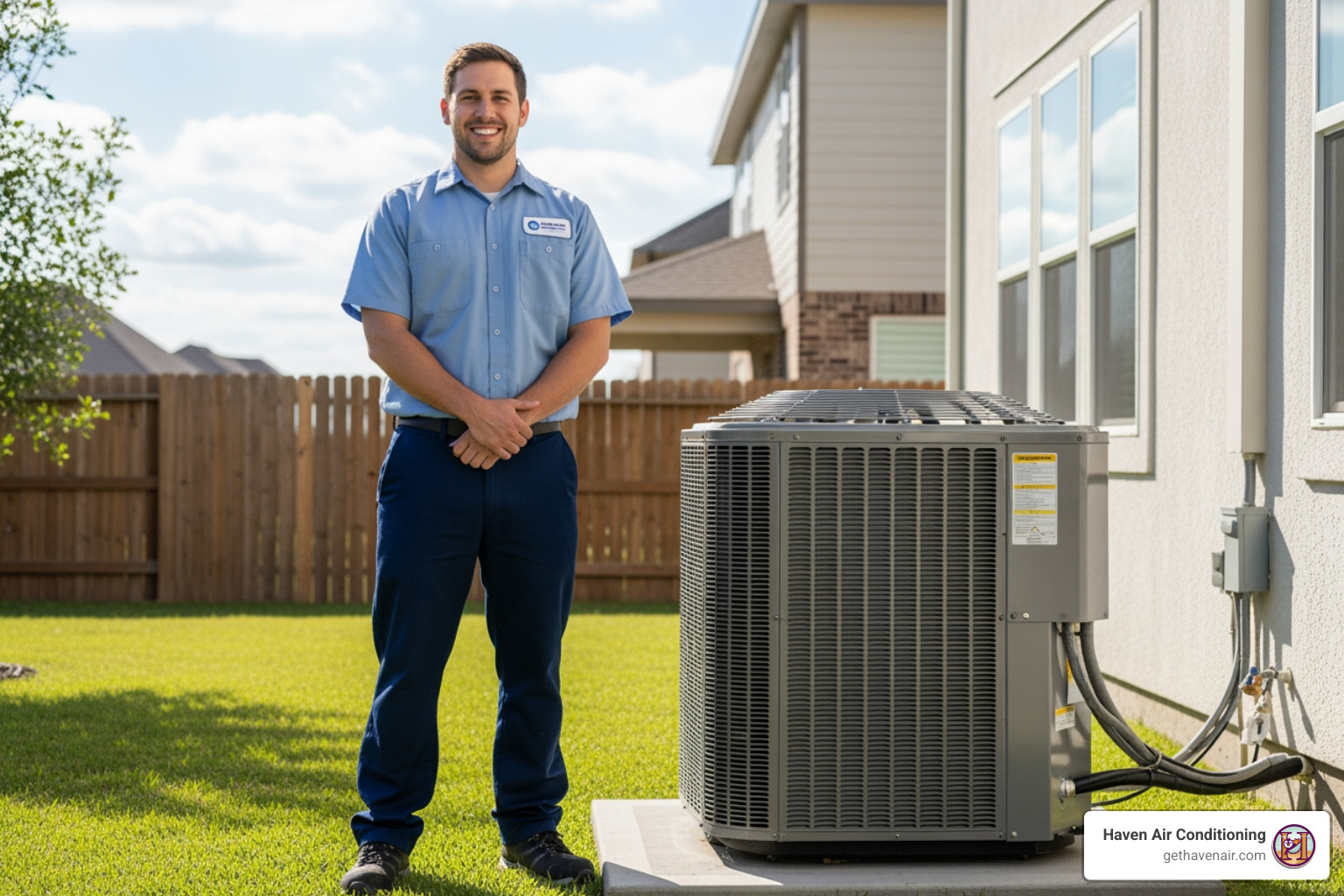 friendly Haven Air Conditioning technician smiling next to a clean AC unit - AC coil cleaning friendly Haven Air Conditioning technician smiling next to a clean AC unit - AC coil cleaning