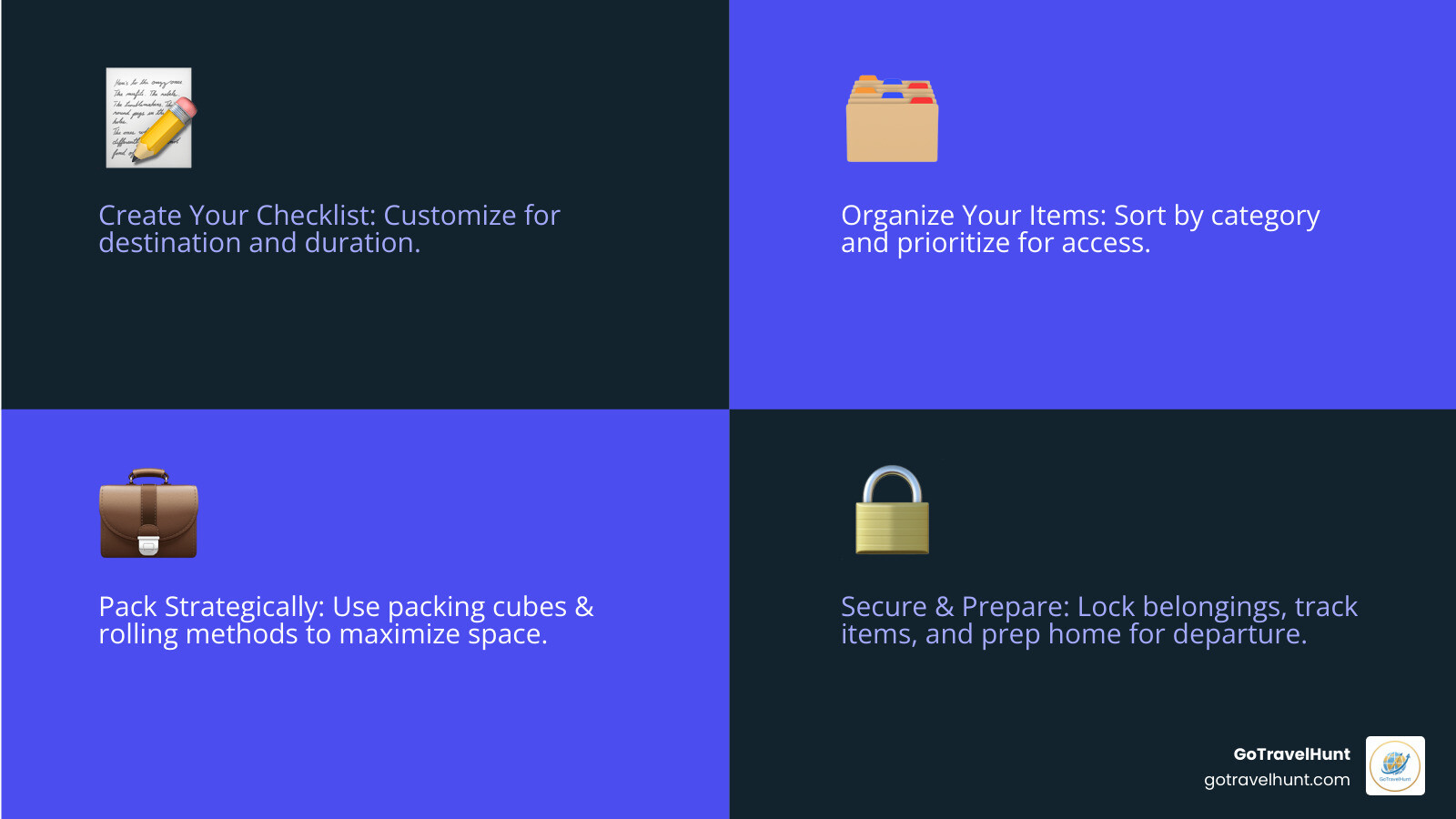 Infographic showing the 5 main steps of smart packing: Step 1 - Create Your Checklist (customize for destination and duration), Step 2 - Organize Your Items (sort by category and priority), Step 3 - Pack Strategically (use packing cubes and rolling methods), Step 4 - Secure Your Belongings (locks, trackers, and copies of documents), Step 5 - Prepare Your Home (unplug, lock, and notify trusted contacts) - travel items checklist infographic 4_facts_emoji_blue