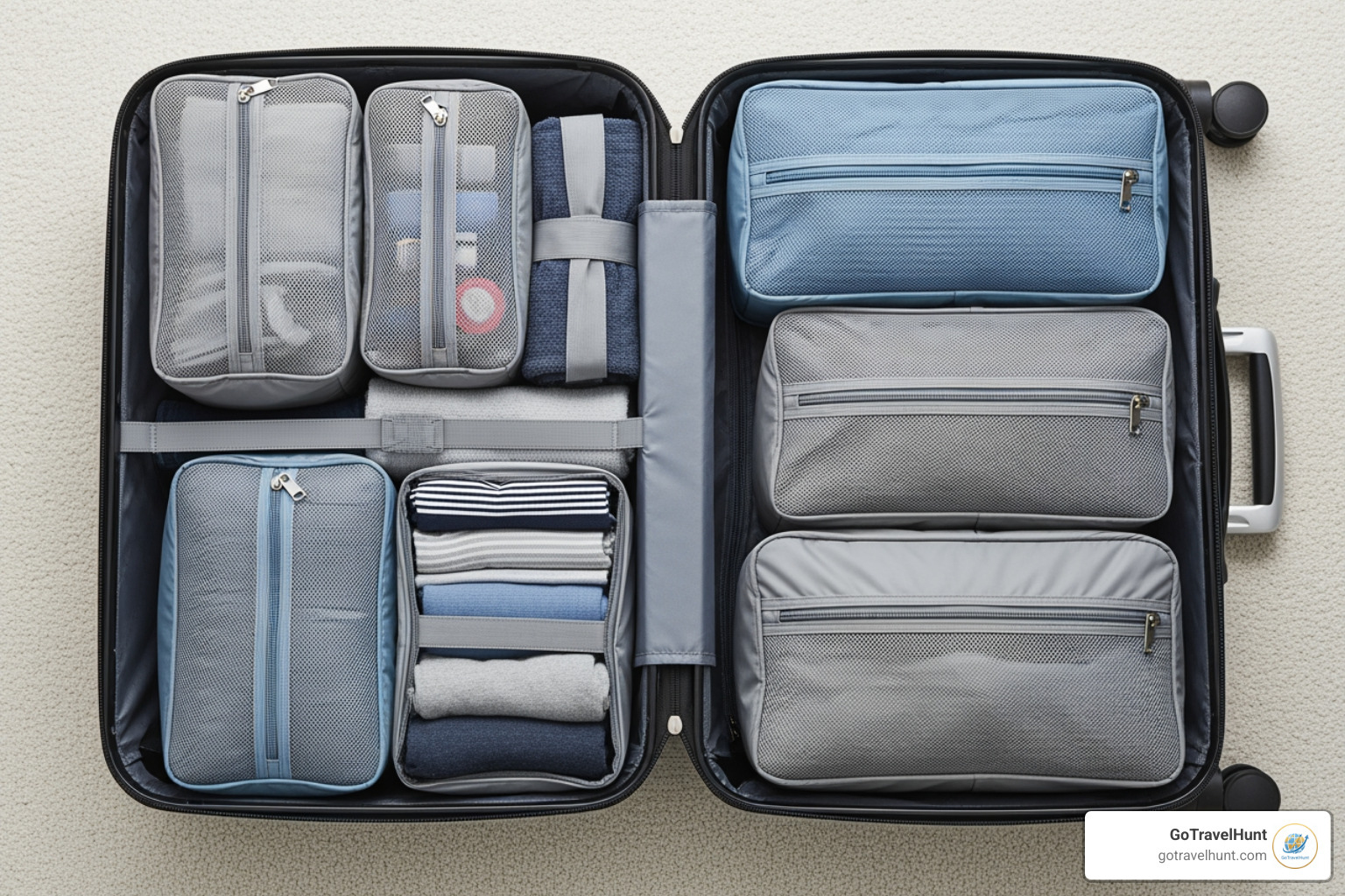 neatly organized packing cubes inside a suitcase - travel items checklist