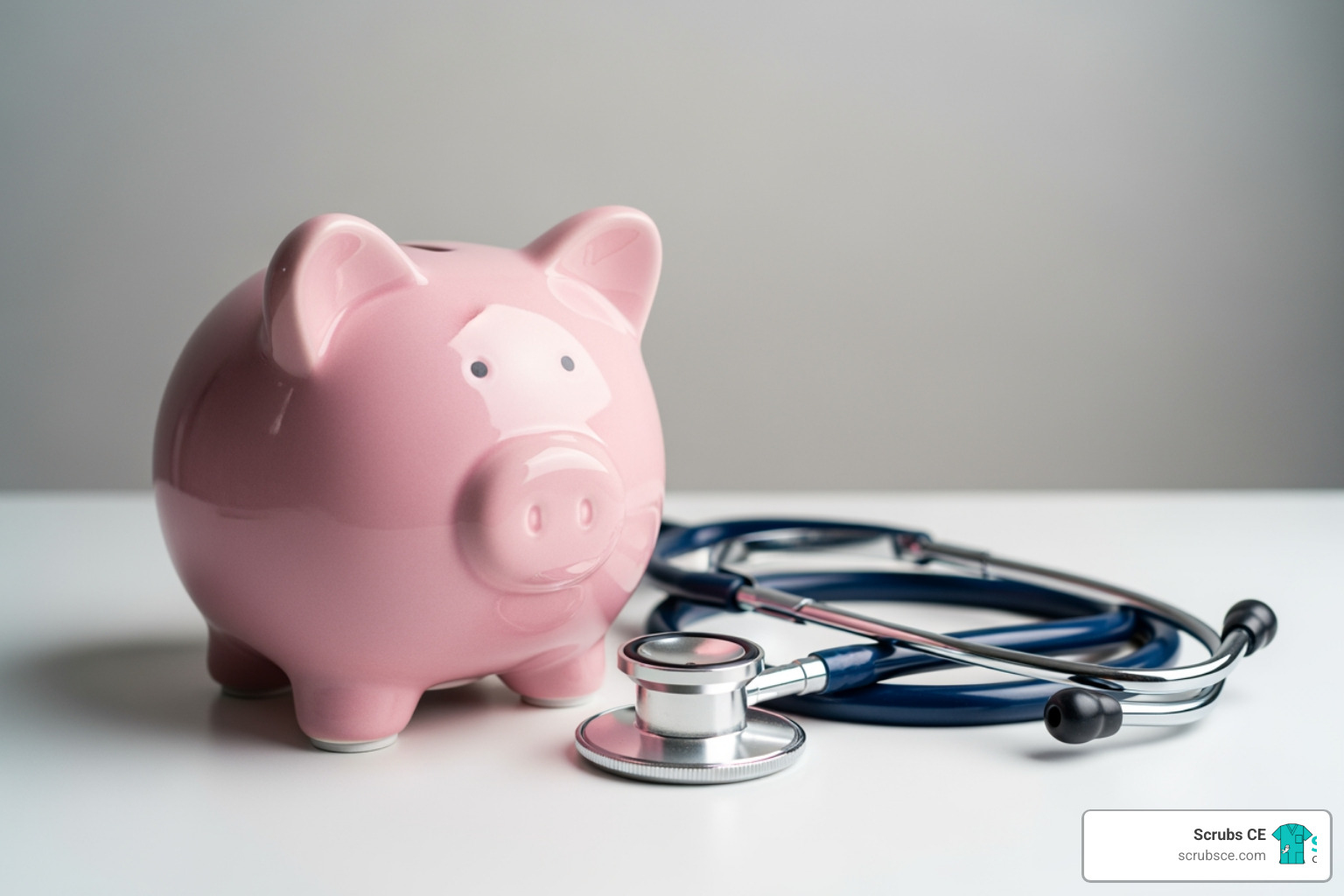 piggy bank next to a stethoscope - free ce radiology credits