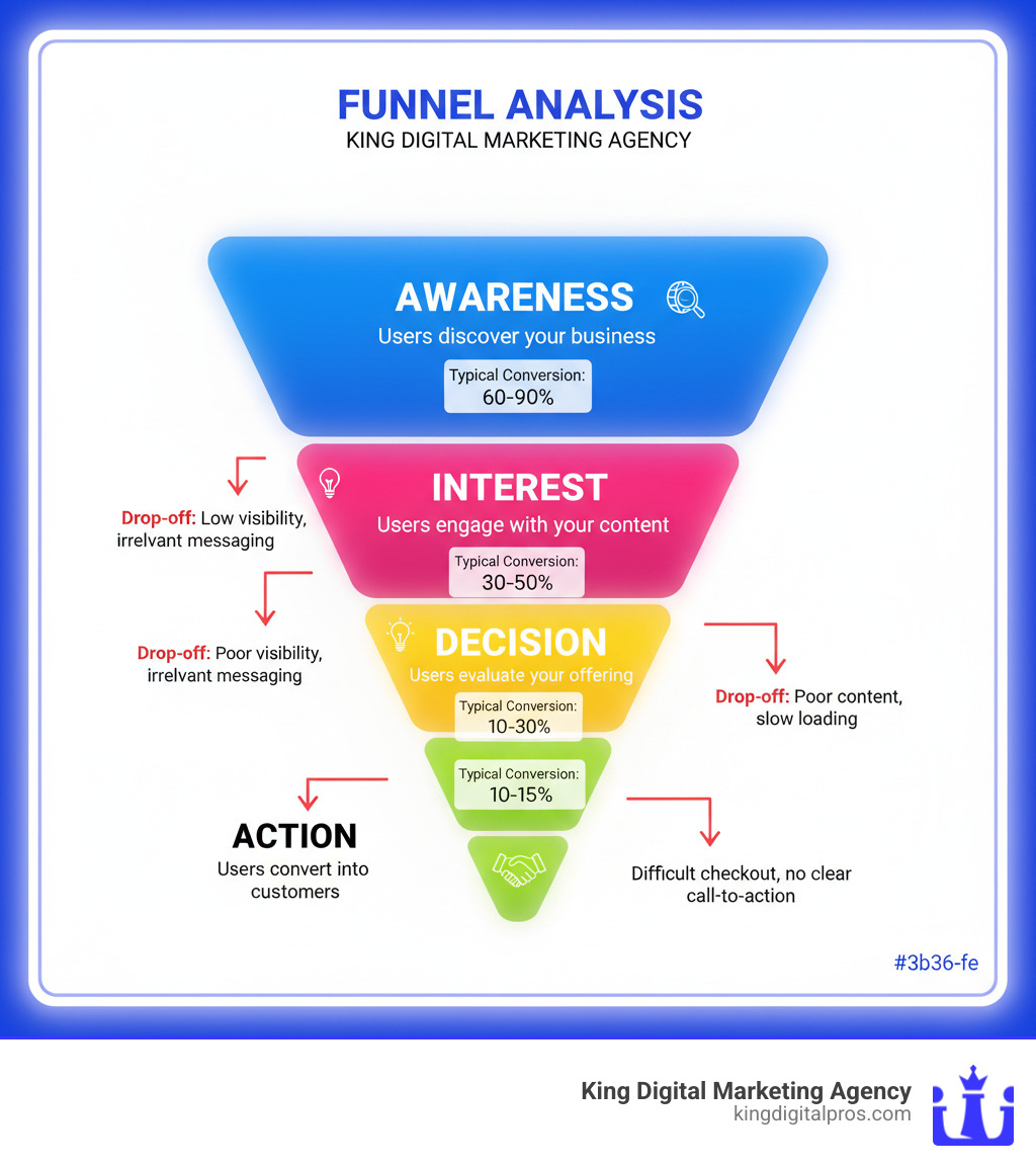 Infographic showing the four stages of funnel analysis: Awareness (users discover your business), Interest (users engage with your content), Decision (users evaluate your offering), and Action (users convert into customers). Each stage shows typical conversion rates and common drop-off points. - funnel analysis infographic 