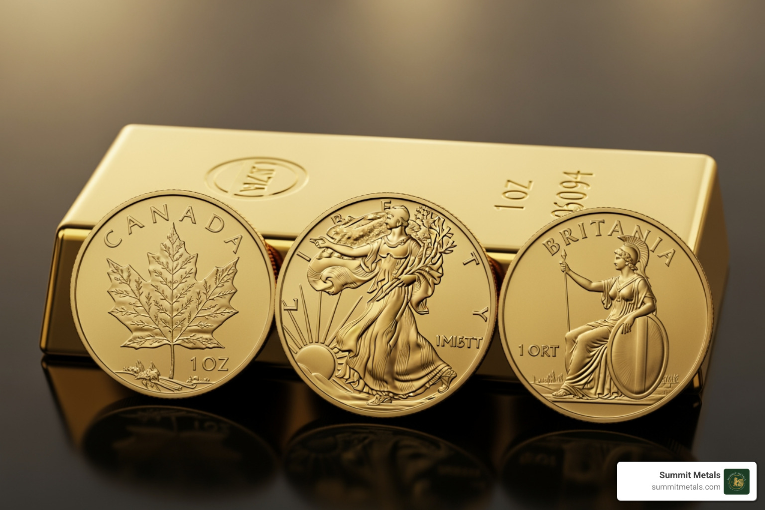 Various 1 oz gold coins (American Eagle, Canadian Maple, Britannia) and a 1 oz Summit Metals gold bar - 1 oz of pure gold price