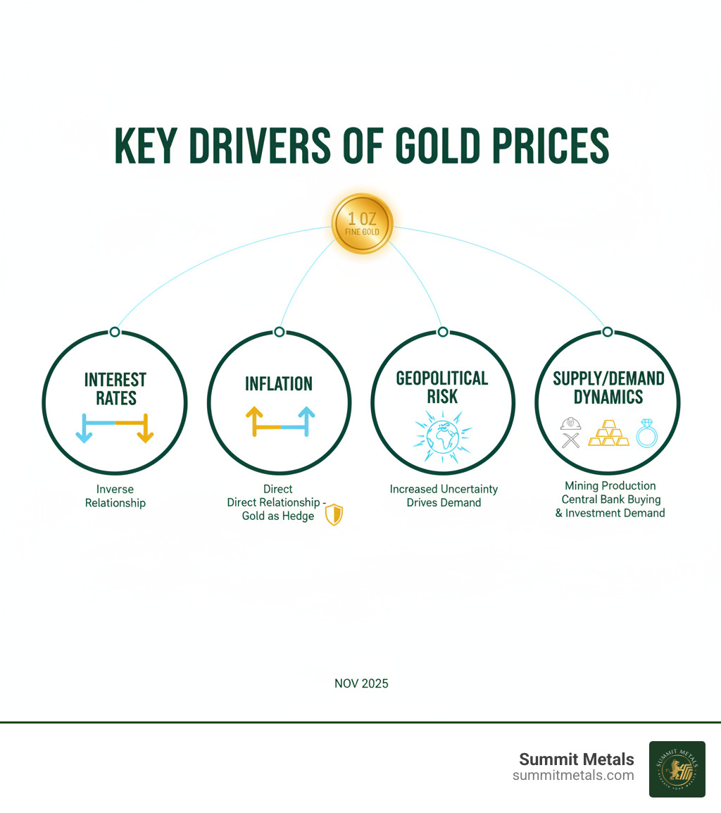 Key drivers of gold prices infographic showing four main factors: Interest Rates (inverse relationship with gold), Inflation (direct relationship - gold as hedge), Geopolitical Risk (increased uncertainty drives demand), and Supply/Demand Dynamics (mining production, central bank buying, jewelry and investment demand) - 1 oz of pure gold price infographic 