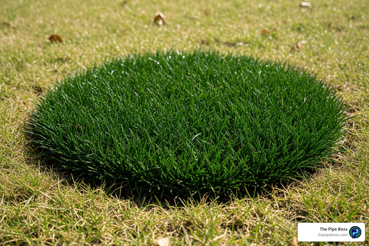 A patch of unusually green grass in a residential yard, indicating a possible sewer line leak - Sewer line replacement Winston-Salem A patch of unusually green grass in a residential yard, indicating a possible sewer line leak - Sewer line replacement Winston-Salem