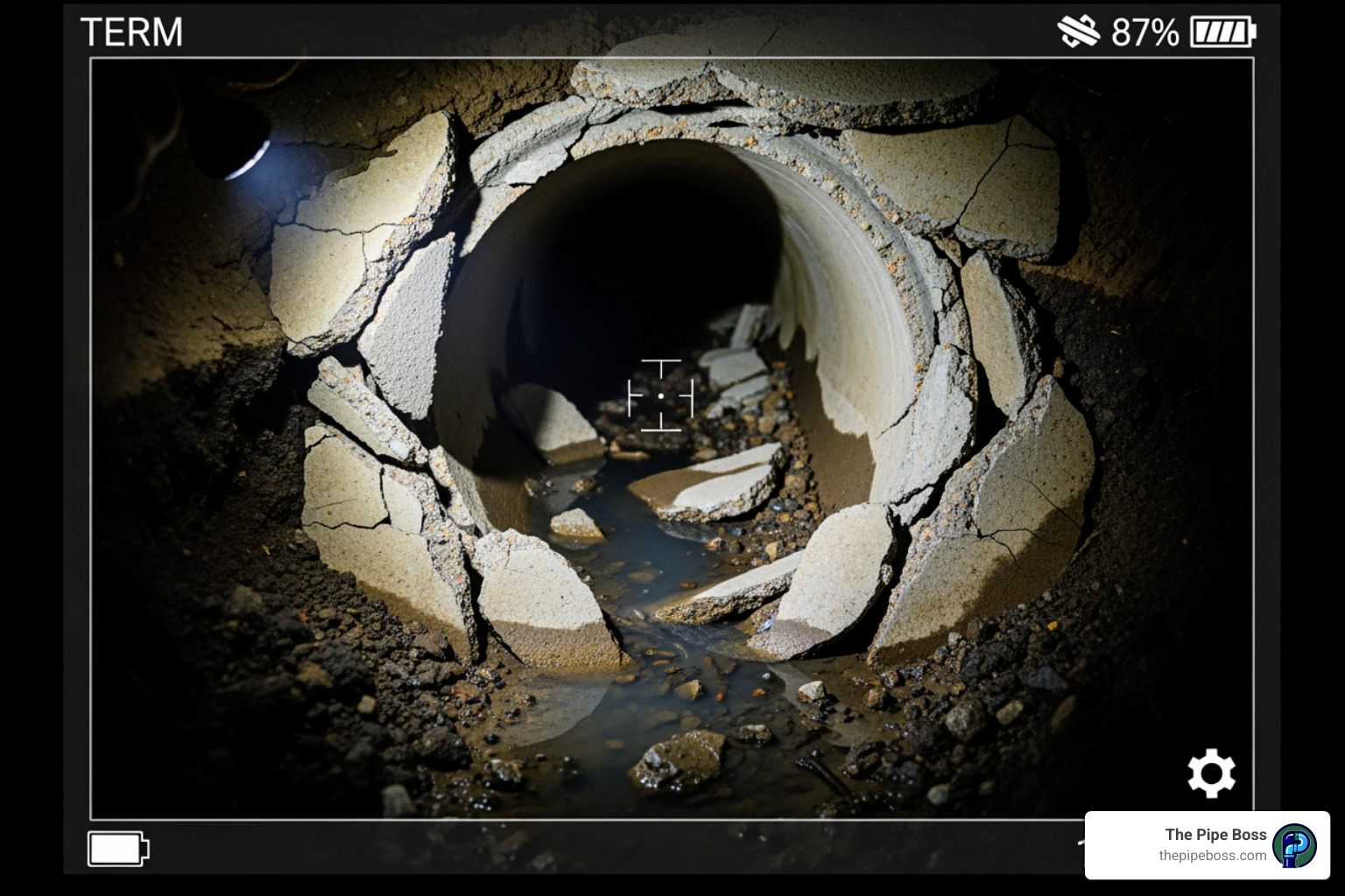 A camera screen showing a severely cracked and collapsed sewer pipe, highlighting irreparable damage - Sewer line replacement Winston-Salem A camera screen showing a severely cracked and collapsed sewer pipe, highlighting irreparable damage - Sewer line replacement Winston-Salem