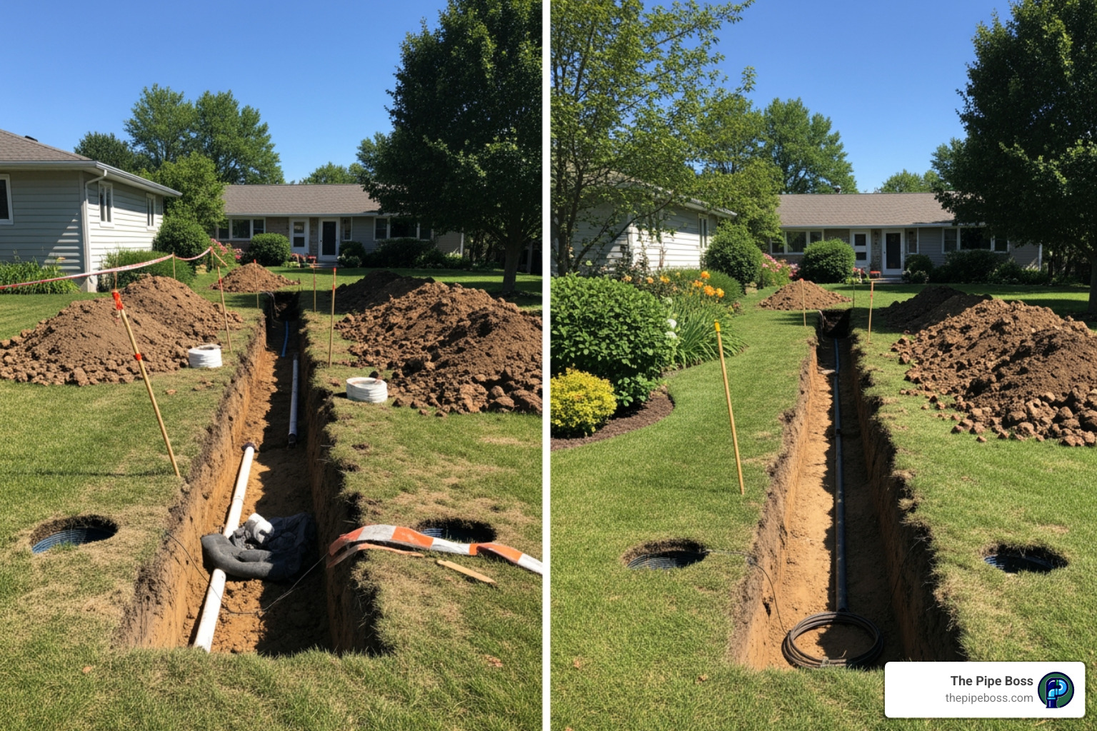 A side-by-side comparison illustrating a trenched yard vs. a yard with minimal disruption after trenchless sewer repair - Sewer line replacement Winston-Salem A side-by-side comparison illustrating a trenched yard vs. a yard with minimal disruption after trenchless sewer repair - Sewer line replacement Winston-Salem