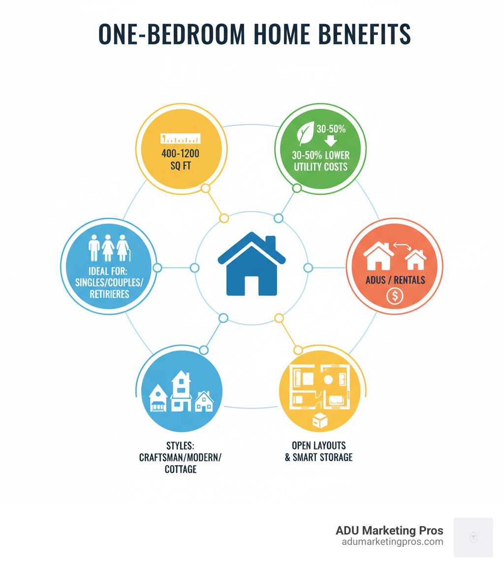 Infographic showing one-bedroom house plan benefits: 400-1200 sq ft typical range, 30-50% lower utility costs, ideal for singles/couples/retirees, perfect as ADUs or rentals, popular styles include Craftsman/Modern/Cottage, features open layouts and smart storage - house plan with one bedroom infographic Infographic showing one-bedroom house plan benefits: 400-1200 sq ft typical range, 30-50% lower utility costs, ideal for singles/couples/retirees, perfect as ADUs or rentals, popular styles include Craftsman/Modern/Cottage, features open layouts and smart storage - house plan with one bedroom infographic