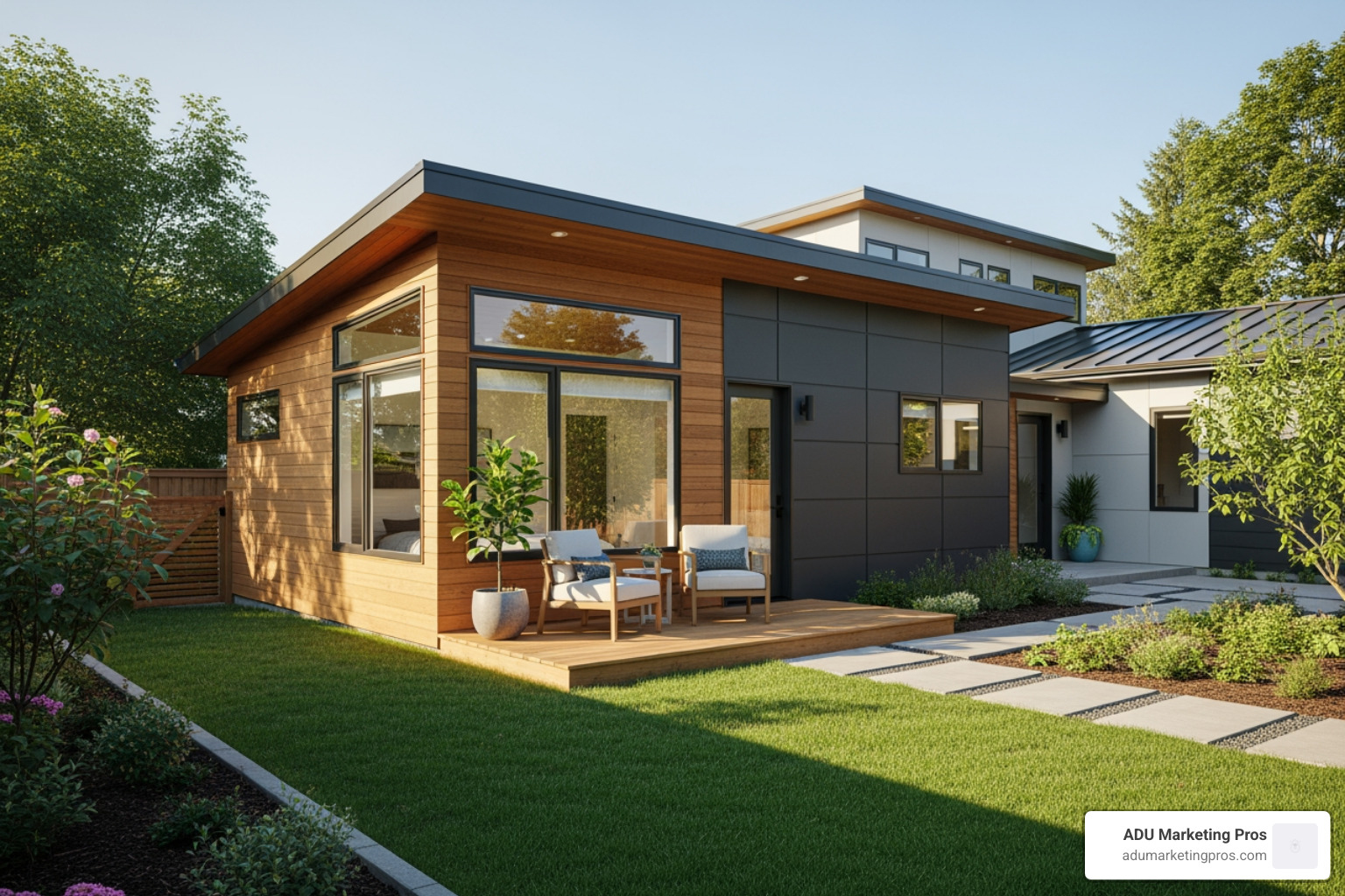 A stylish one-bedroom ADU situated in the backyard of a larger main house, demonstrating its use as a guest house or rental unit. - house plan with one bedroom A stylish one-bedroom ADU situated in the backyard of a larger main house, demonstrating its use as a guest house or rental unit. - house plan with one bedroom