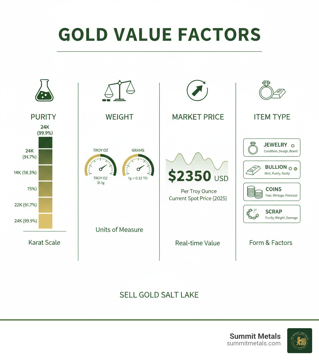 infographic showing the key factors determining gold value including karat purity scale from 10k to 24k, weight measurement in troy ounces and grams, current spot price per ounce, and item type categories of jewelry bullion coins and scrap with condition and rarity indicators - Sell gold Salt Lake infographic infographic showing the key factors determining gold value including karat purity scale from 10k to 24k, weight measurement in troy ounces and grams, current spot price per ounce, and item type categories of jewelry bullion coins and scrap with condition and rarity indicators - Sell gold Salt Lake infographic
