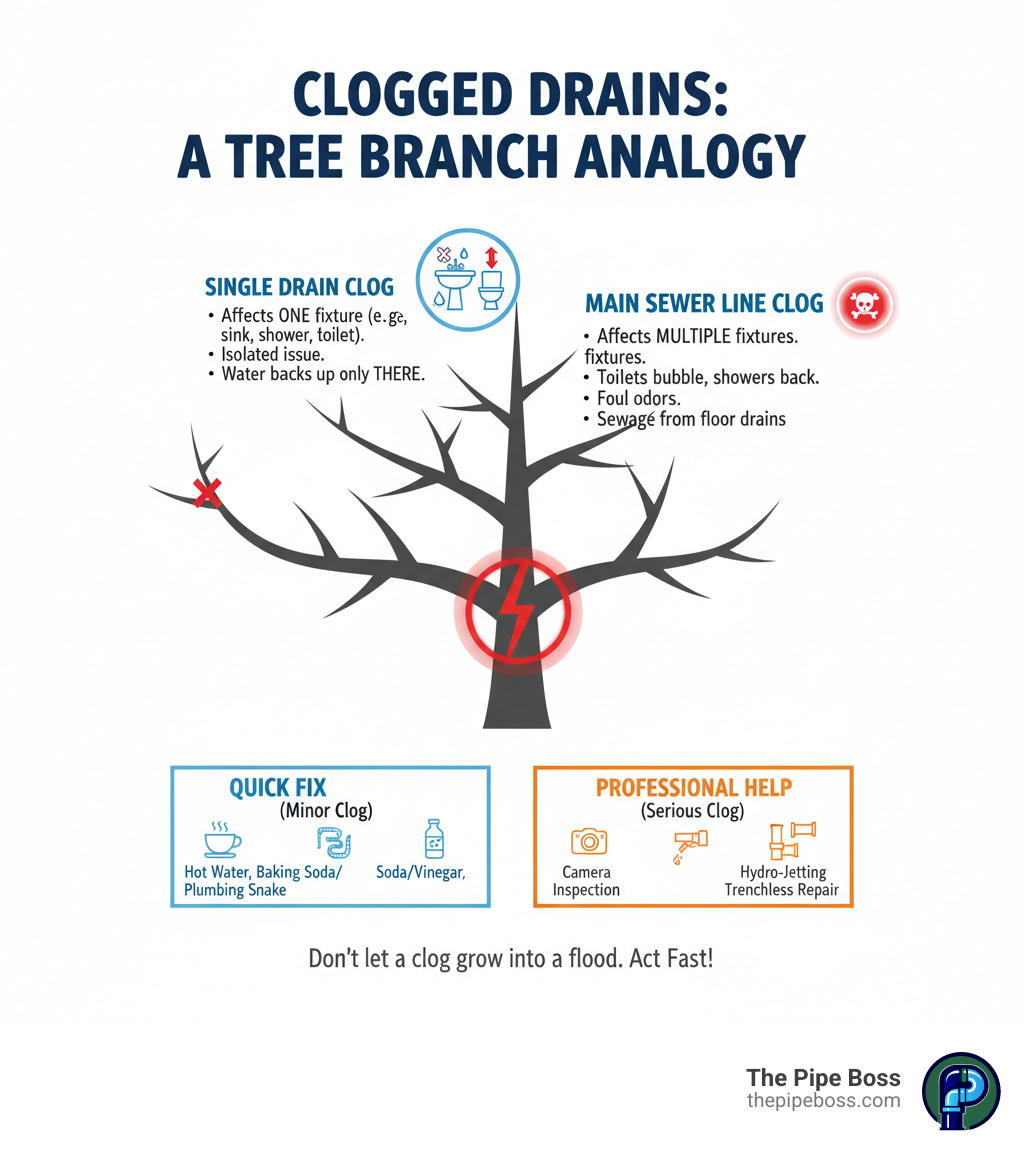 Infographic explaining the difference between a single drain clog and a main sewer line clog using a tree branch analogy - clogged sewer line fix infographic 