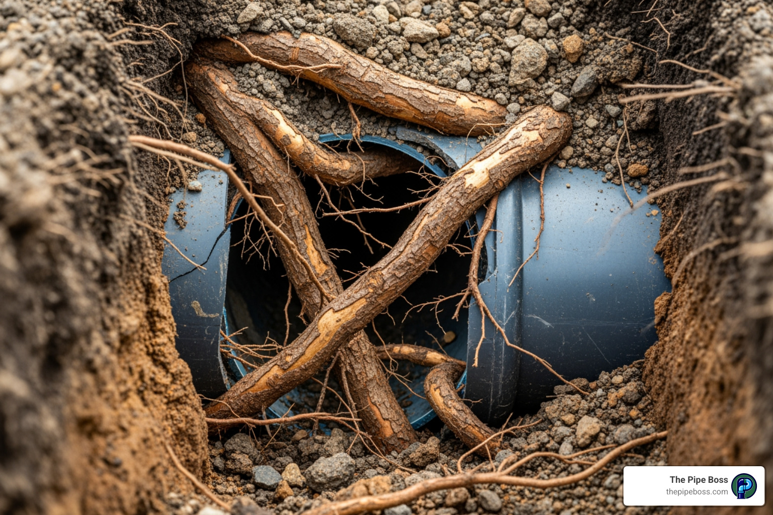 Tree roots growing into a sewer pipe section - clogged sewer line fix