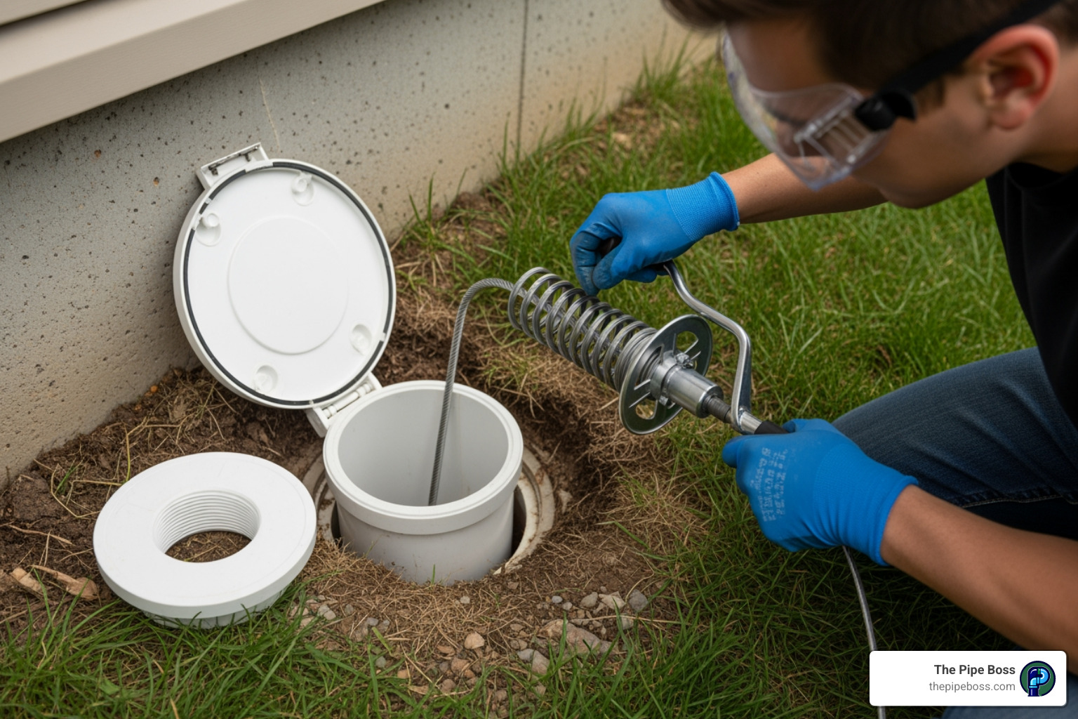 Person correctly using a plumbing auger on a sewer cleanout - clogged sewer line fix