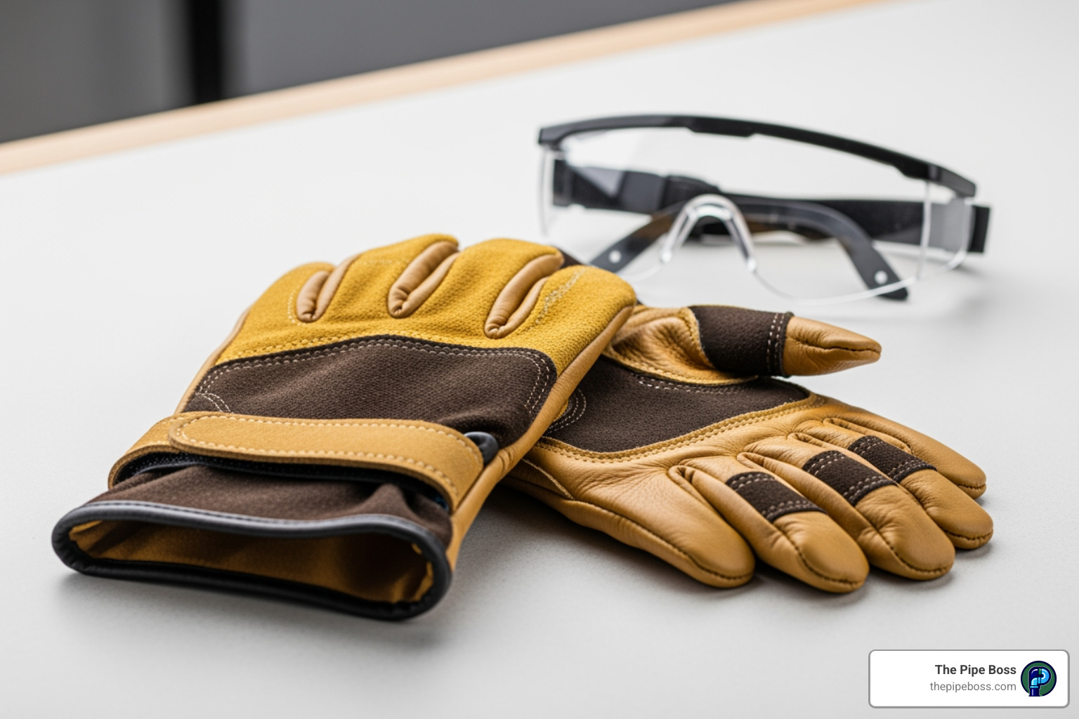 Safety gear including heavy-duty gloves and goggles - clogged sewer line fix