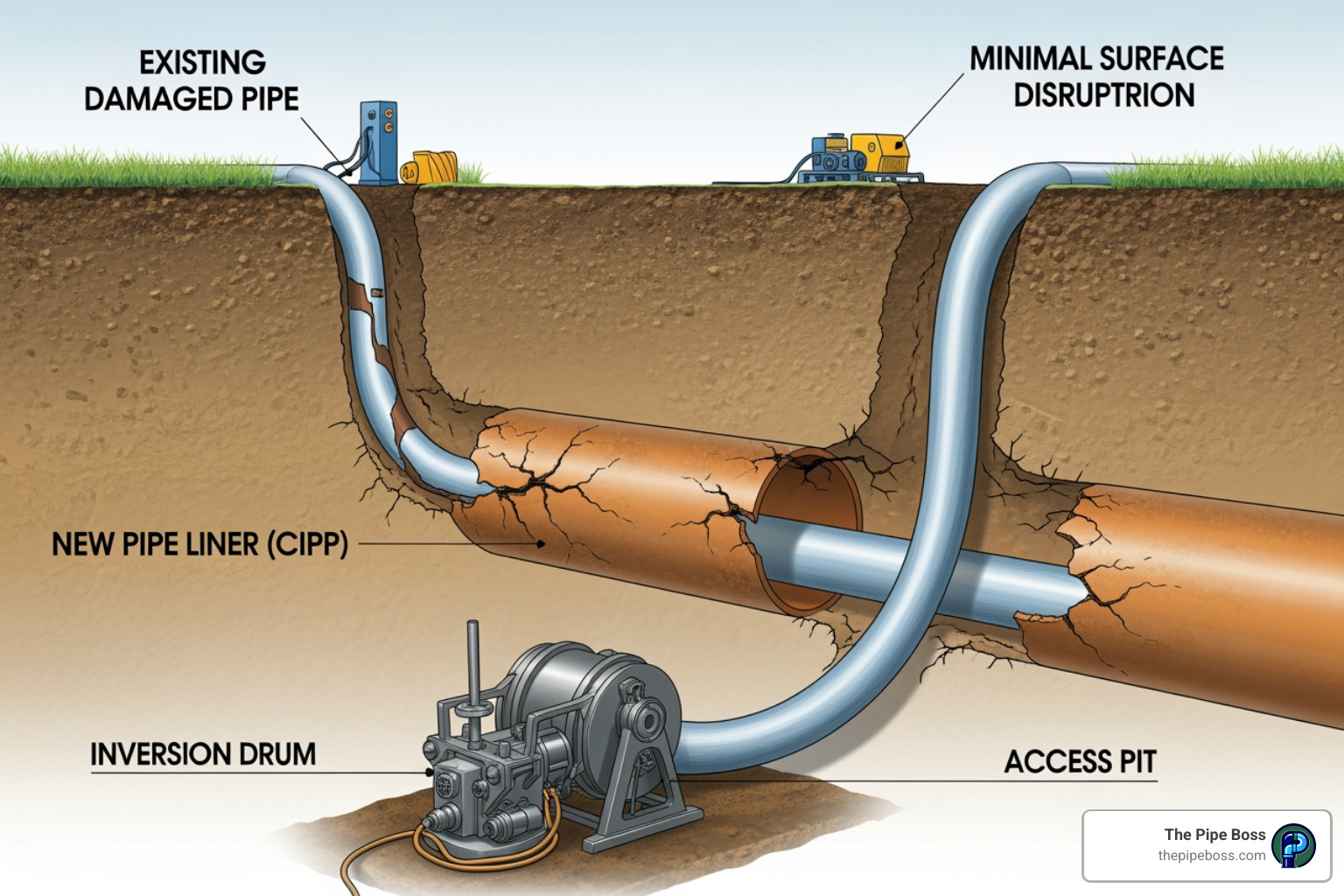 Diagram of trenchless pipe lining - clogged sewer line fix