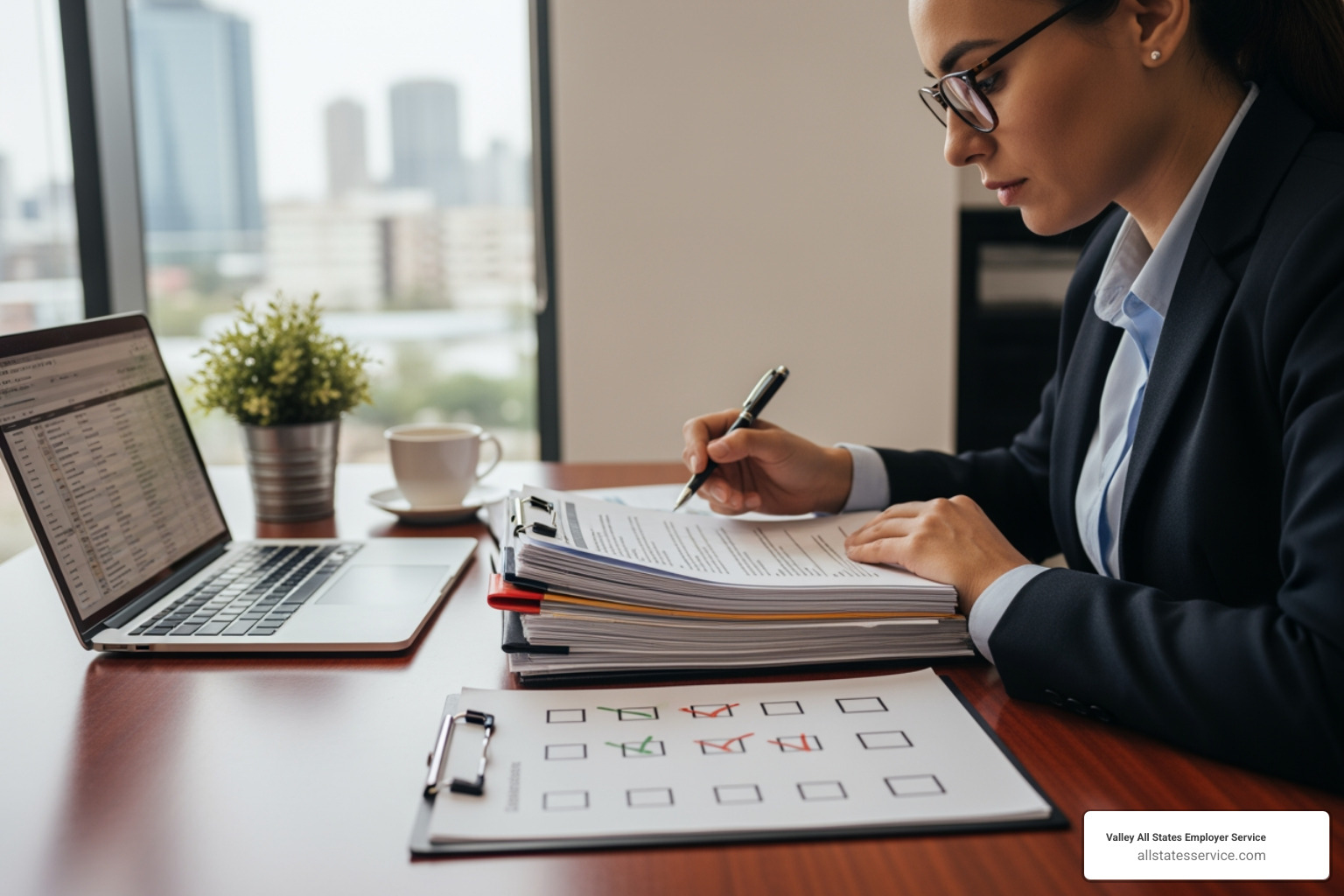 A person reviewing documents carefully, with a checklist on a desk - e verify 1099 contractors