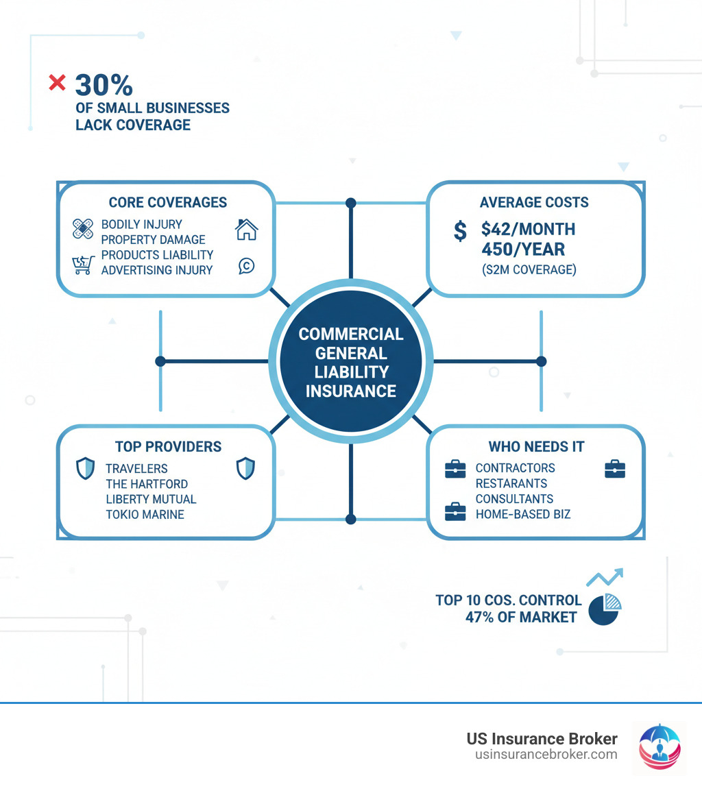 Infographic showing Commercial General Liability Insurance at the center, with four main branches: Core Coverages (Bodily Injury, Property Damage, Products Liability, Advertising Injury), Average Costs ($42/month or $450/year for $2M coverage), Top Providers (Travelers, The Hartford, Liberty Mutual, Tokio Marine, CNA), and Who Needs It (Contr actors, Retailers, Restaurants, Consultants, Home-based Businesses). Include statistic that 30% of small businesses lack coverage and that top 10 companies control 47% of market. - commercial general liability insurance companies infographic 