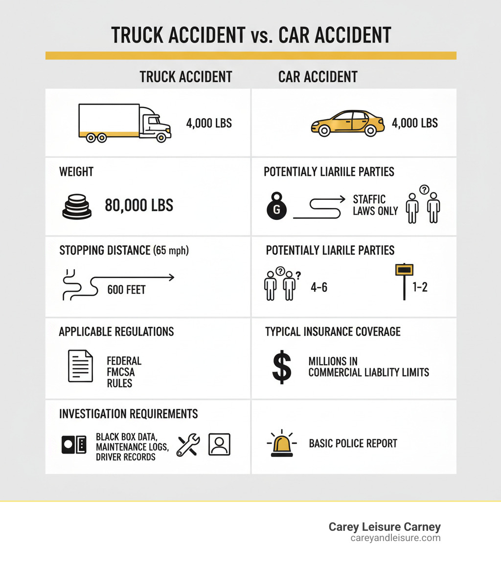 Infographic comparing truck accidents vs car accidents: shows weight difference (80,000 lbs vs 4,000 lbs), stopping distance at 65 mph (600 feet vs 300 feet), number of potentially liable parties (4-6 vs 1-2), applicable regulations (federal FMCSA rules vs state traffic laws only), typical insurance coverage (millions in commercial liability vs standard auto policy limits), and investigation requirements (black box data, maintenance logs, driver records vs basic police report) - truck accident lawyer infographic 