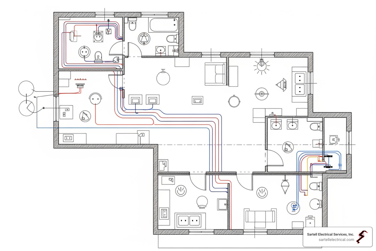 A detailed electrical plan or blueprint with various symbols and annotations for outlets, switches, and lighting fixtures - pre-construction electrical planning