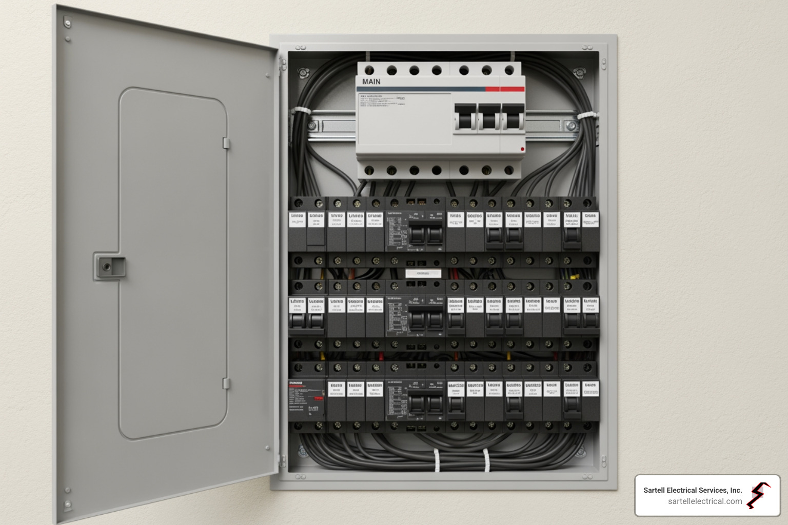 A modern electrical panel with several empty breaker slots, indicating ample space for future expansion and new circuits - pre-construction electrical planning