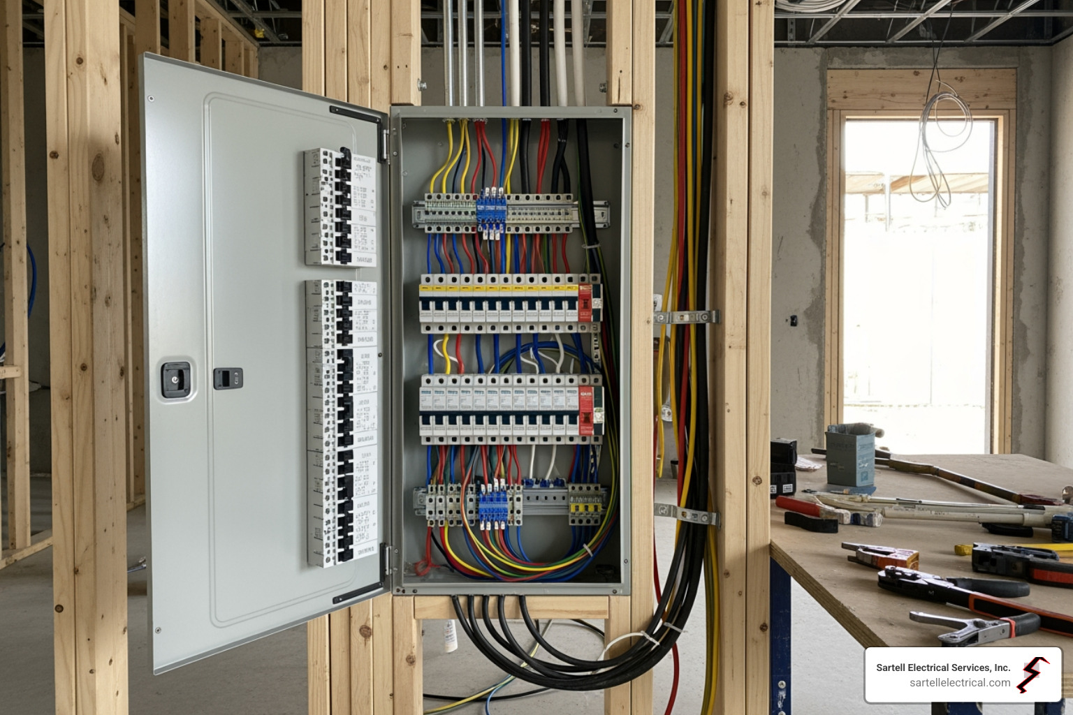 A neatly wired electrical panel with clearly labeled breakers and organized conduits during the installation phase - pre-construction electrical planning