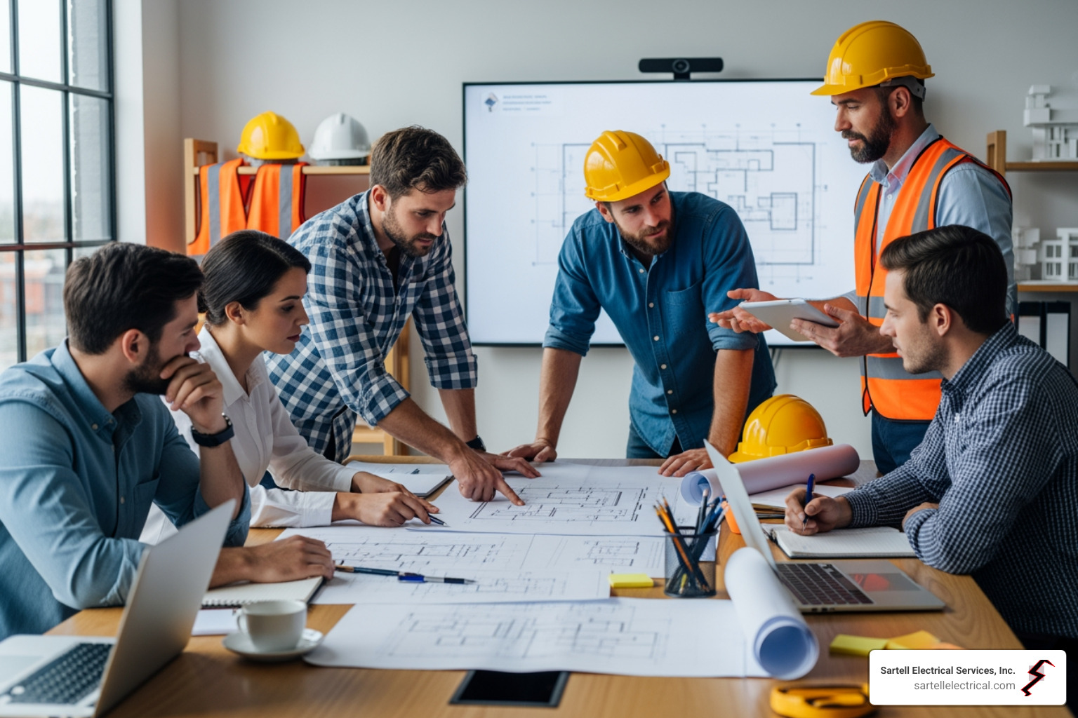 A team of architects, general contractors, and electricians collaborating around a table, reviewing blueprints and digital plans on a large screen - pre-construction electrical planning