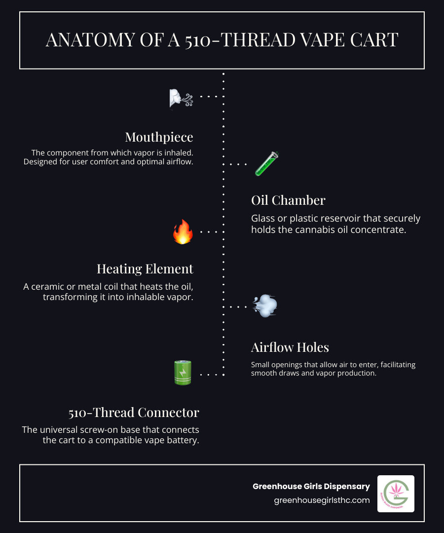 Anatomy of a 510-thread vape cart showing the mouthpiece, glass or plastic chamber with cannabis oil, heating element or atomizer coil, airflow holes, and threaded connection that screws onto a rechargeable battery - carts vape infographic infographic-line-5-steps-dark Anatomy of a 510-thread vape cart showing the mouthpiece, glass or plastic chamber with cannabis oil, heating element or atomizer coil, airflow holes, and threaded connection that screws onto a rechargeable battery - carts vape infographic infographic-line-5-steps-dark