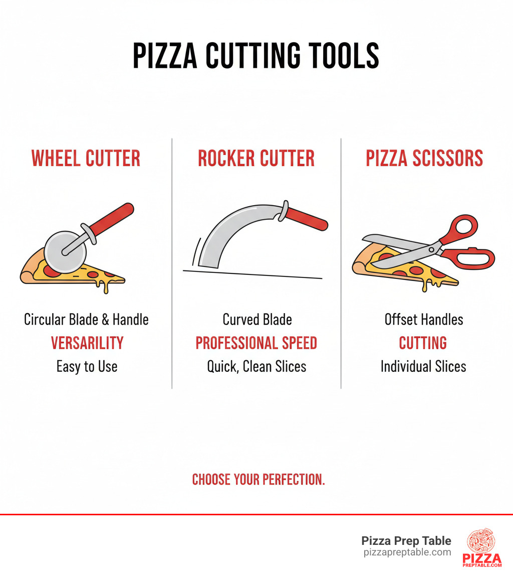 infographic showing three types of pizza cutters with their key features - wheel cutters with circular blade and handle for versatility, rocker cutters with curved blade for professional speed, and pizza scissors with offset handles for precision cutting - Pizza cutting tool infographic 