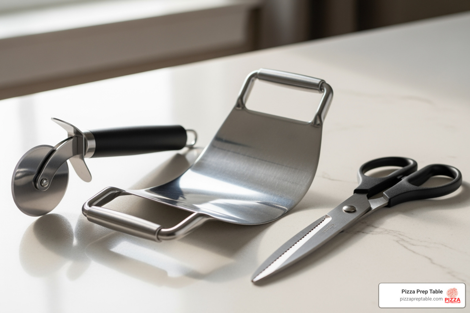 image of a wheel cutter, a rocker knife, and pizza scissors side-by-side - Pizza cutting tool