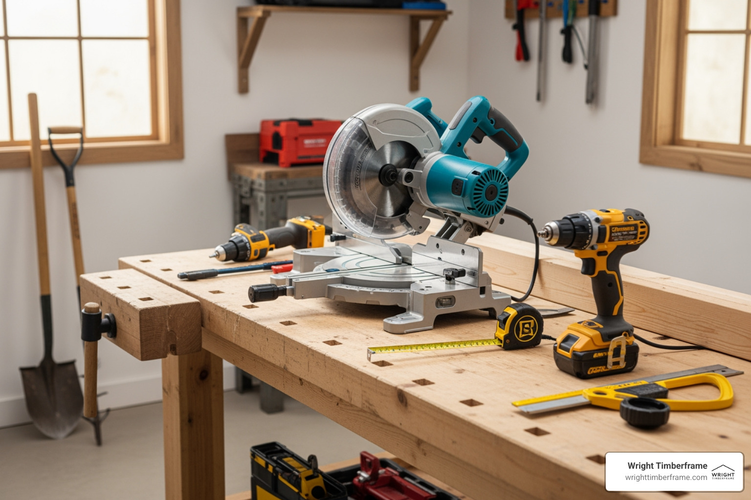 essential tools for a pergola project laid out neatly on a workbench - Wood pergola plans essential tools for a pergola project laid out neatly on a workbench - Wood pergola plans
