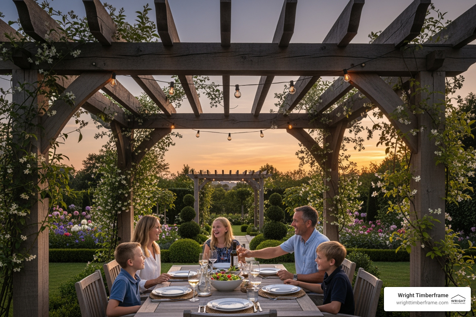 family enjoying a custom timber pergola with climbing plants and string lights in the evening - Wood pergola plans family enjoying a custom timber pergola with climbing plants and string lights in the evening - Wood pergola plans