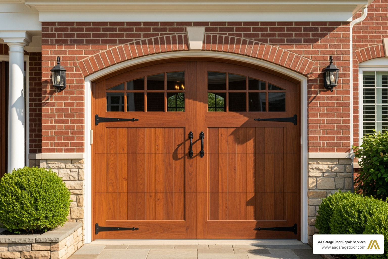A custom wood carriage house garage door with decorative hardware and windows, complementing a traditional home's facade. - custom built garage doors