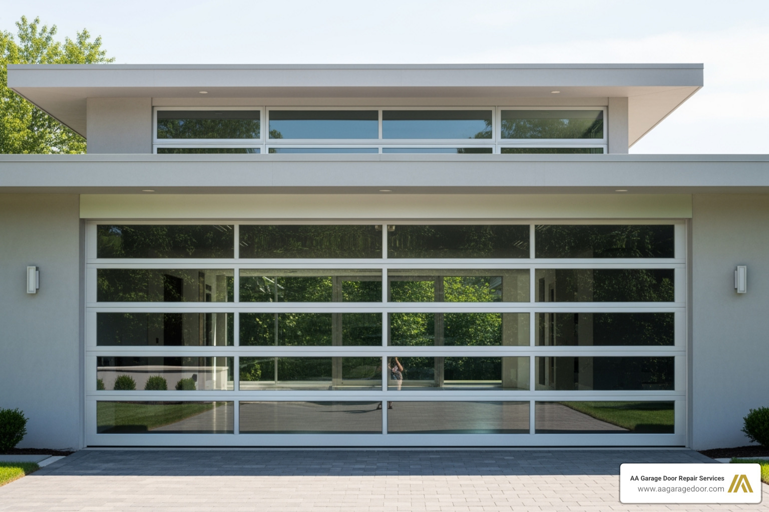 A modern, sleek custom aluminum and glass garage door on a contemporary home, showcasing clean lines and abundant natural light. - custom built garage doors