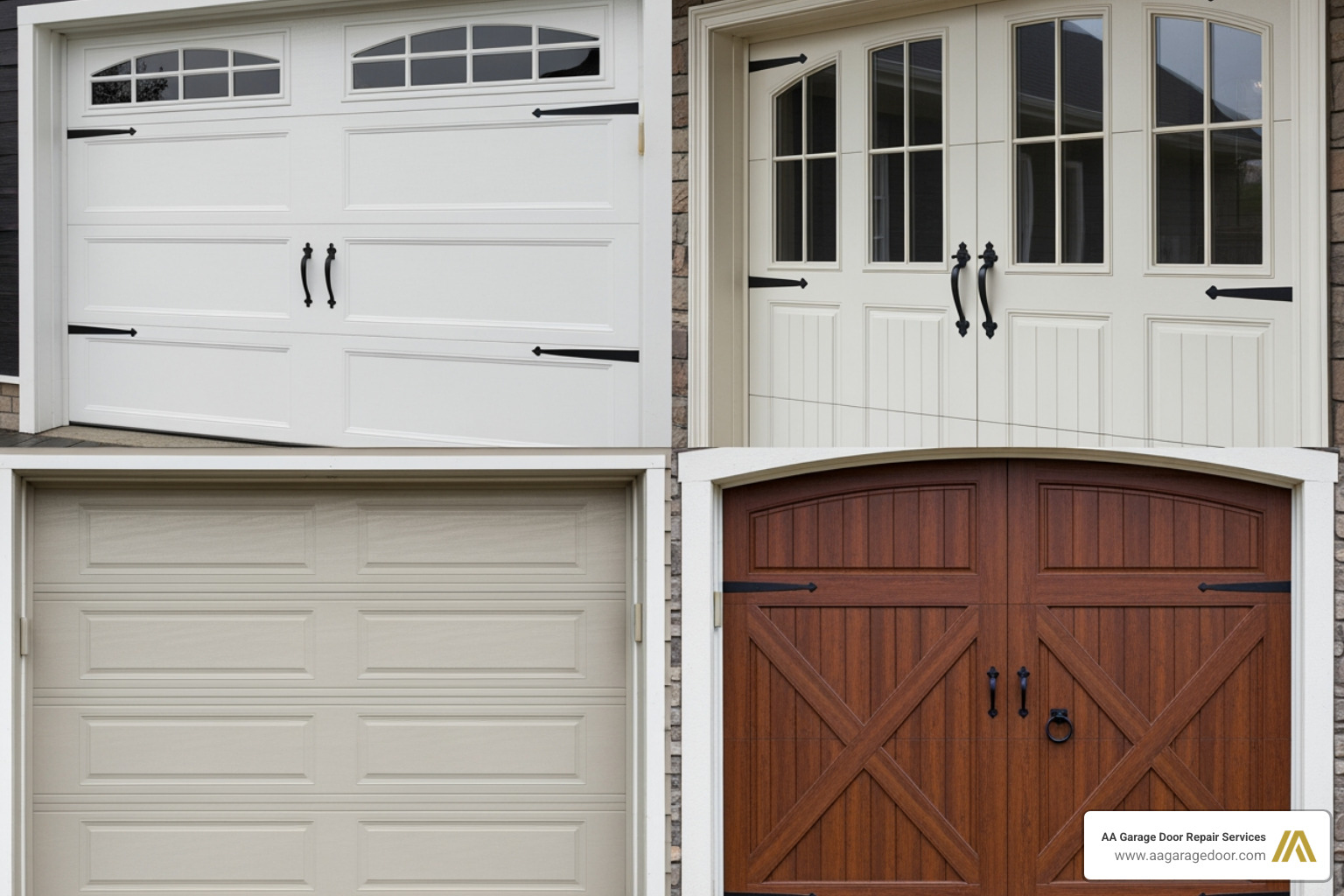A collage of various garage door panel designs, including flush, raised, recessed, and carriage house styles with decorative overlays. - custom built garage doors