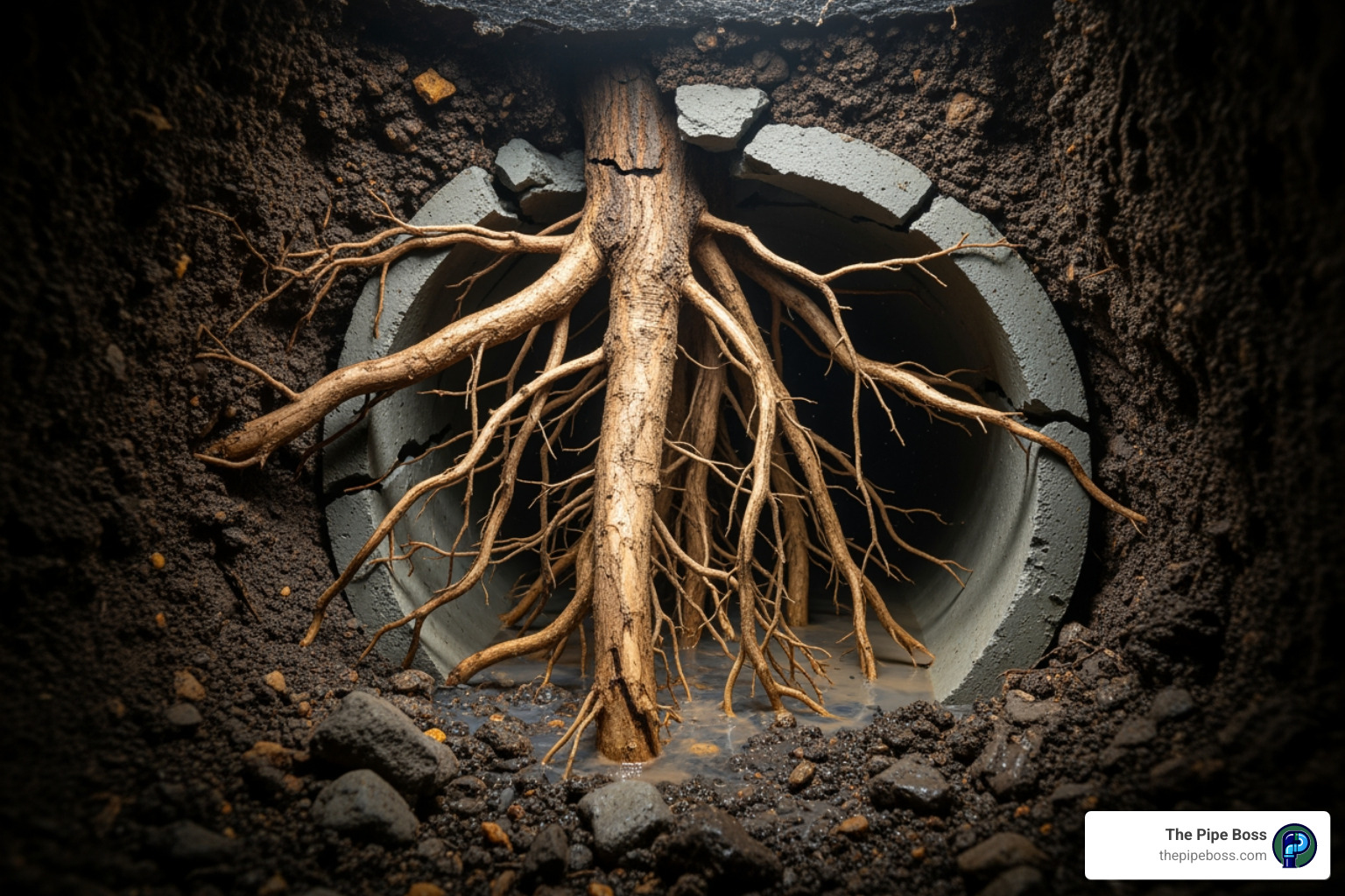 Tree roots growing into a sewer pipe - sewer liner
