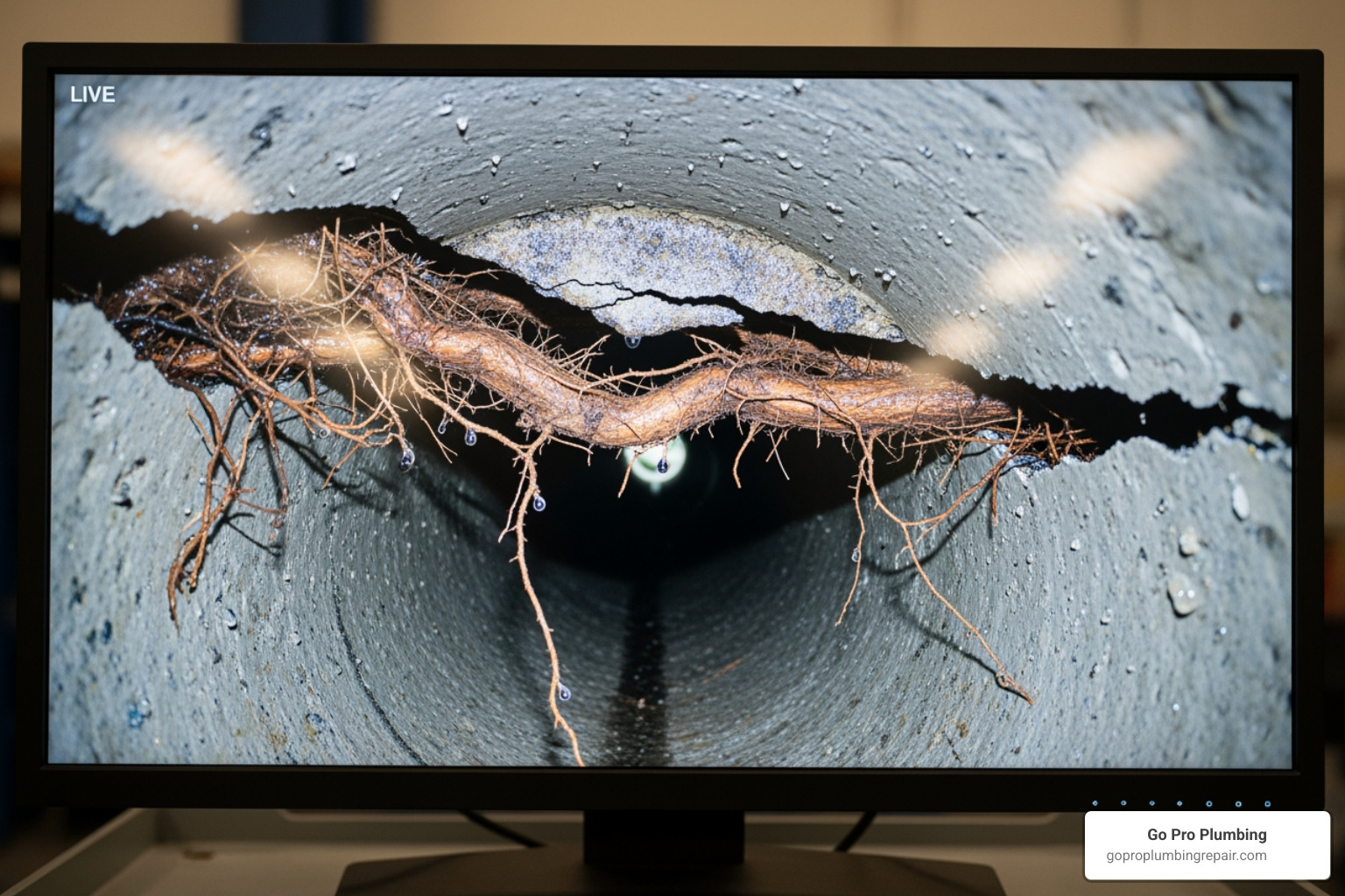 A sewer camera inspection screen showing a crack in a pipe with tree roots - Trenchless pipe repair cost