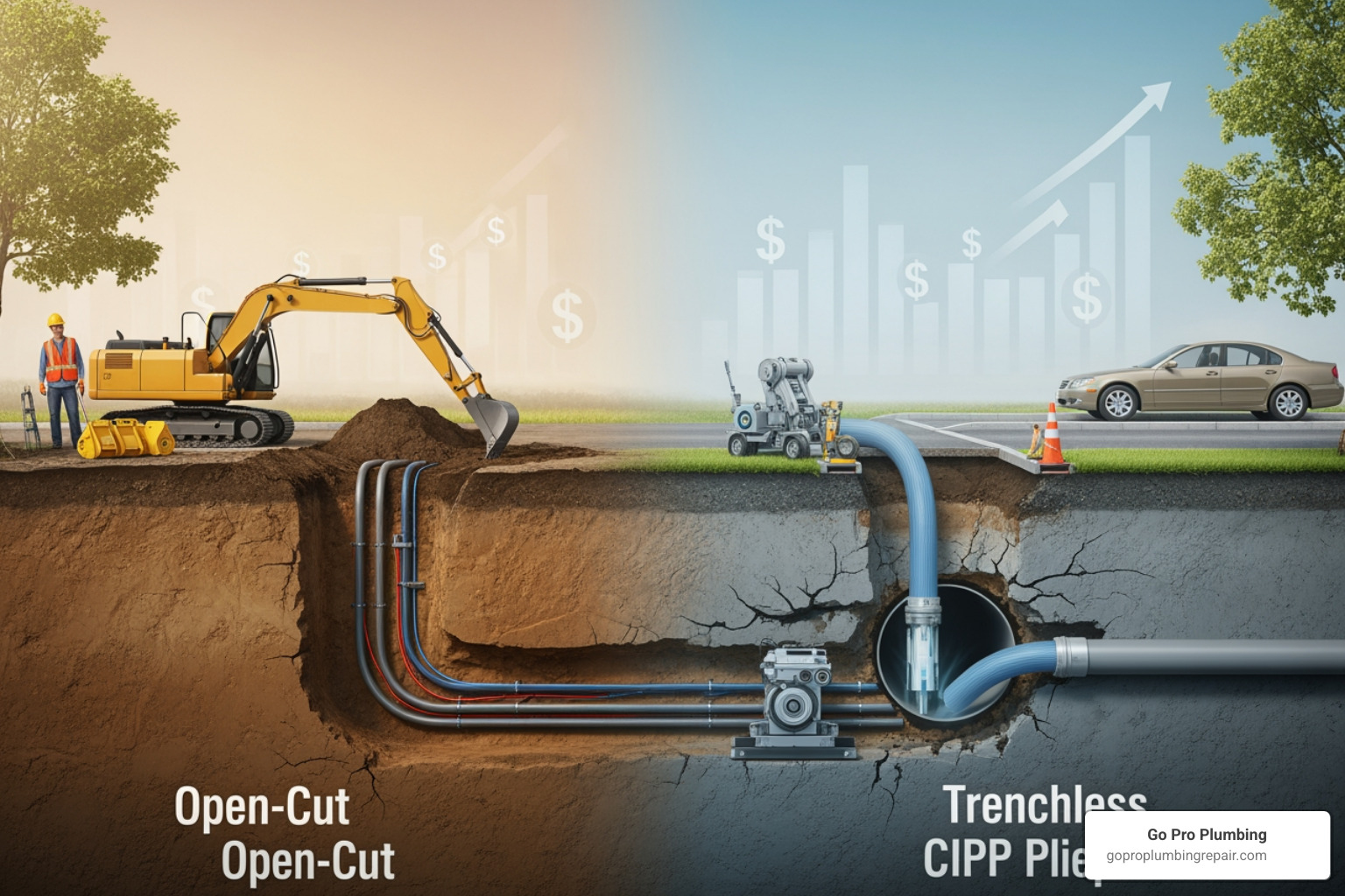 Infographic comparing CIPP lining showing a new pipe formed inside an old one, and pipe bursting showing a new pipe replacing an old one - Trenchless pipe repair cost
