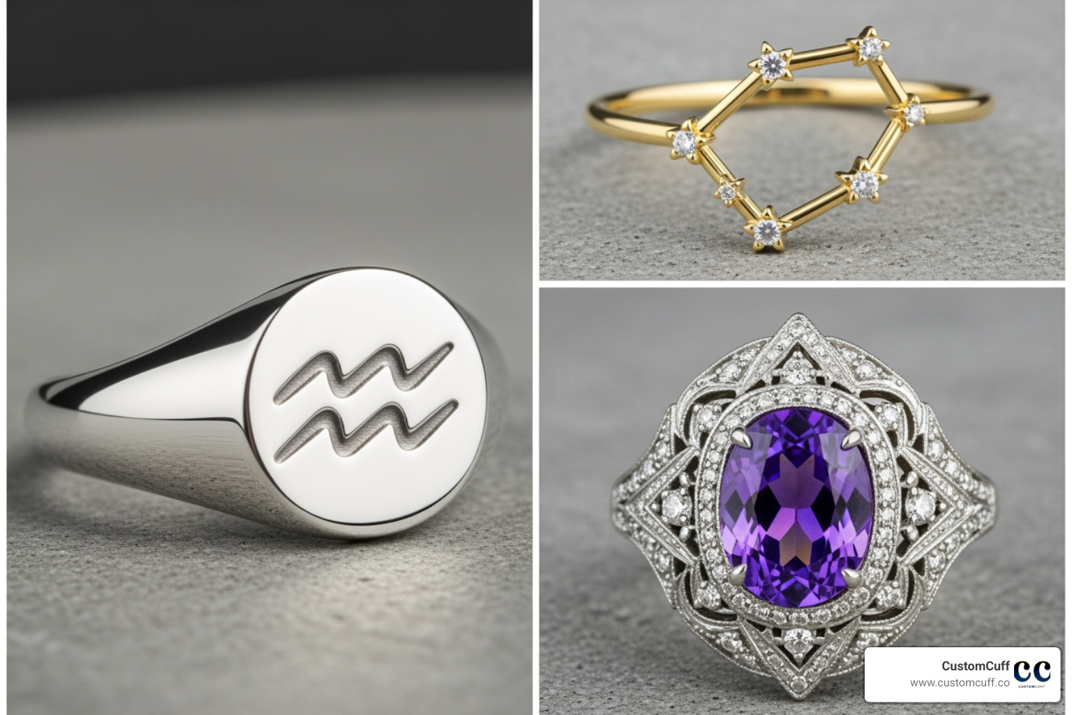 A collage showing various aquarius stone ring styles: a sleek silver signet ring with an engraved Aquarius symbol, a delicate gold constellation ring with tiny diamond accents, and an ornate vintage Art Deco style ring featuring a large amethyst gemstone - aquarius stone ring