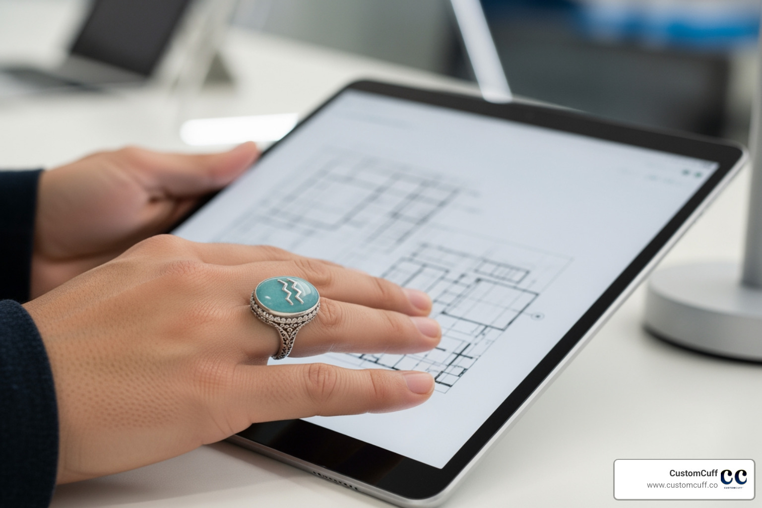 A person wearing an aquamarine aquarius stone ring, holding a tablet displaying architectural blueprints, symbolizing innovation and forward-thinking - aquarius stone ring
