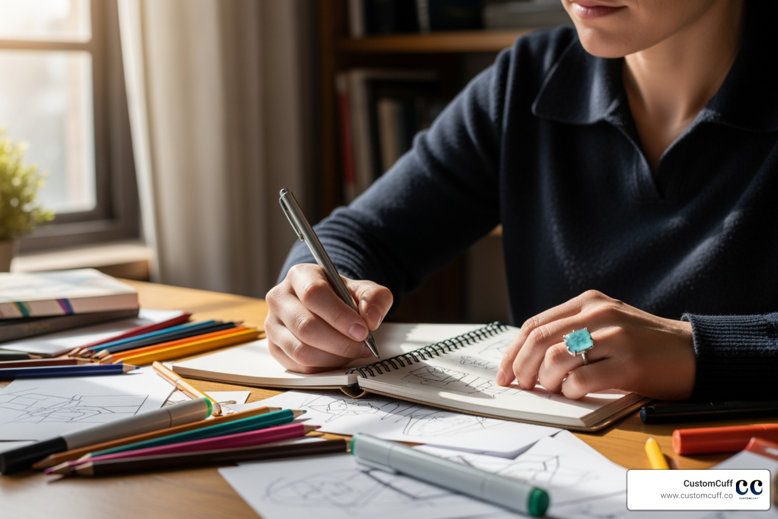 A person with a thoughtful expression, wearing an aquamarine aquarius stone ring, while sketching designs in a notebook, symbolizing creativity and innovation - aquarius stone ring