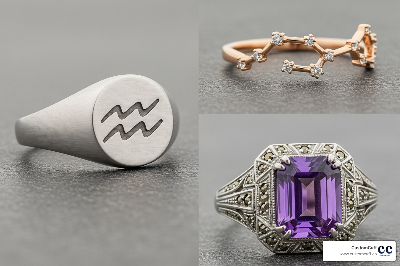 A collage showcasing various aquarius stone ring designs: a sleek, modern signet ring with an engraved Aquarius symbol, a delicate band featuring a constellation pattern with tiny diamond accents, and an elaborate vintage Art Deco ring centered around a large, faceted amethyst - aquarius stone ring